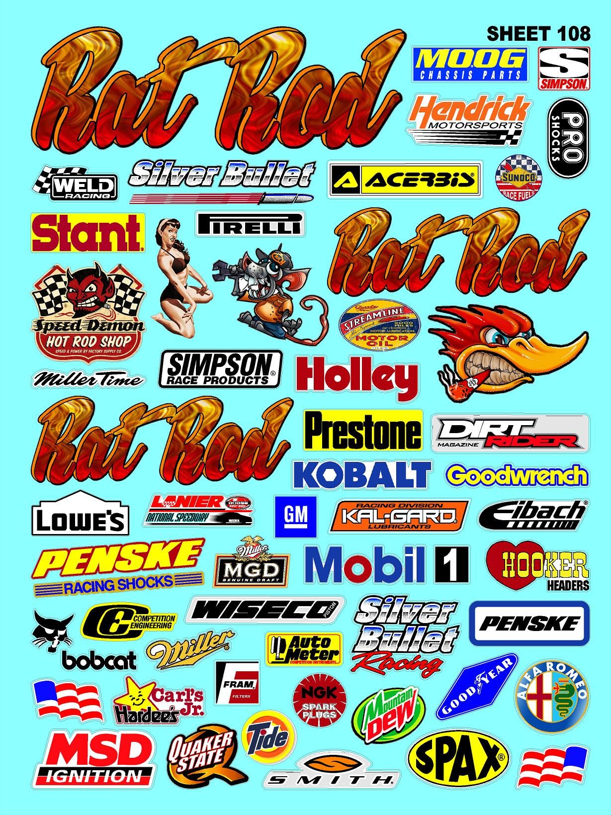 White Vinyl Sticker Sheet 108 Variety-1/10th - 1/8th Scale Large 6.8" x 9.2"h Vinyl R/C Model Decal Sticker Sheet Radio Control Lexan Body