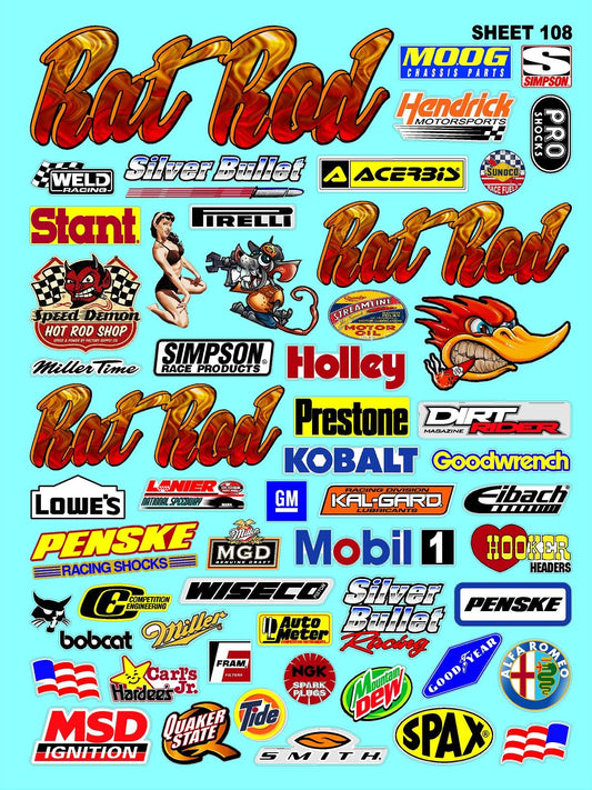 White Vinyl Sticker Sheet 108 Variety-1/10th - 1/8th Scale Large 6.8" x 9.2"h Vinyl R/C Model Decal Sticker Sheet Radio Control Lexan Body