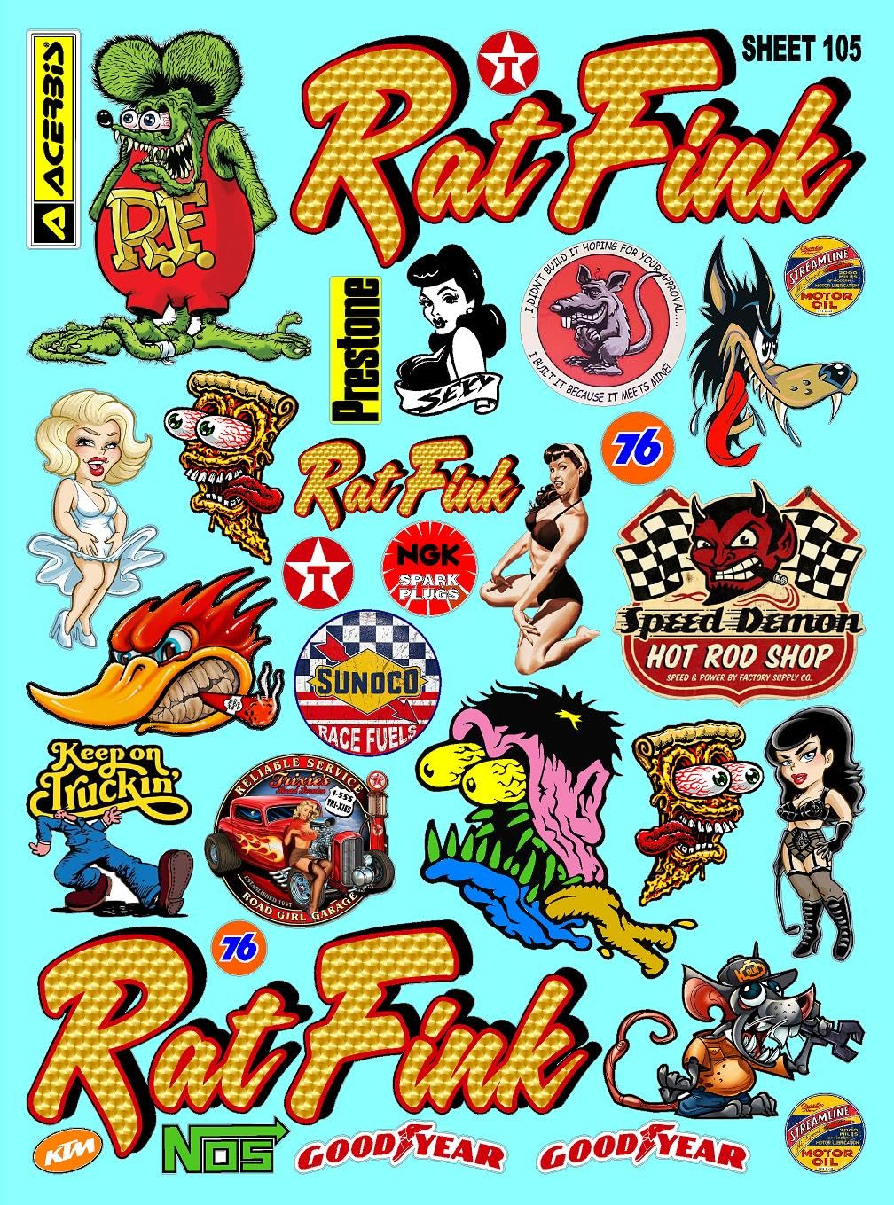 White Vinyl Sheet 105 Rat Fink Rod R/C Racing Sponsor Sticker Gang Sheet Wrench-1/4-1/5�1/6th Scale Model Decal Sticker Sheet Radio Control Lexan Body-Die-Cut to Shape-Peel & Stick�Water Slide-Car