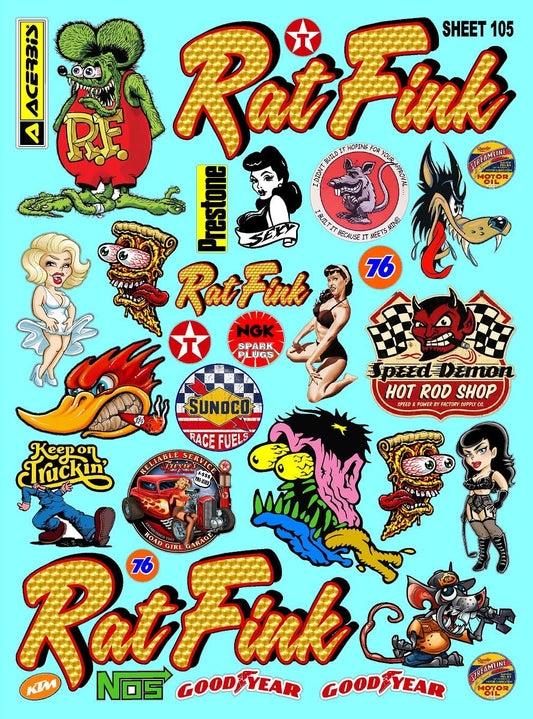 White Vinyl Sheet 105 Rat Fink Rod R/C Racing Sponsor Sticker Gang Sheet Wrench-1/4-1/5�1/6th Scale Model Decal Sticker Sheet Radio Control Lexan Body-Die-Cut to Shape-Peel & Stick�Water Slide-Car