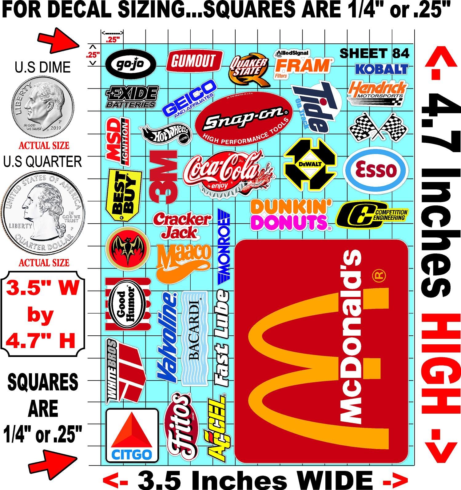 Clear Vinyl 84 R/C Racing Sponsor Sticker Gang Sheet Good -1/24 � 1/16th Scale Model Decal Sticker Sheet Radio Control Lexan Body � Die-Cut to Shape - Peel & Stick � Water Slide