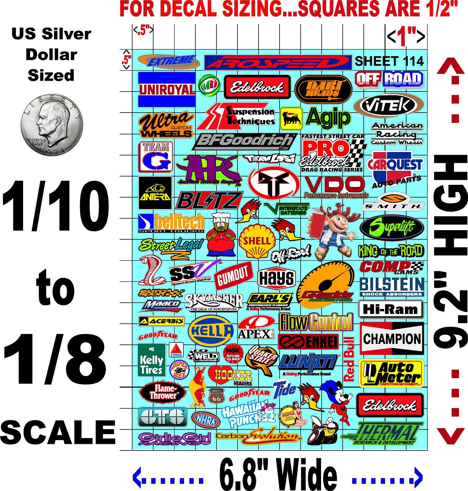 White Vinyl Sticker Sheet 114 Variety-1/10th - 1/8th Scale Large 6.8" x 9.2"h Vinyl R/C Model Decal Sticker Sheet Radio Control Lexan Body