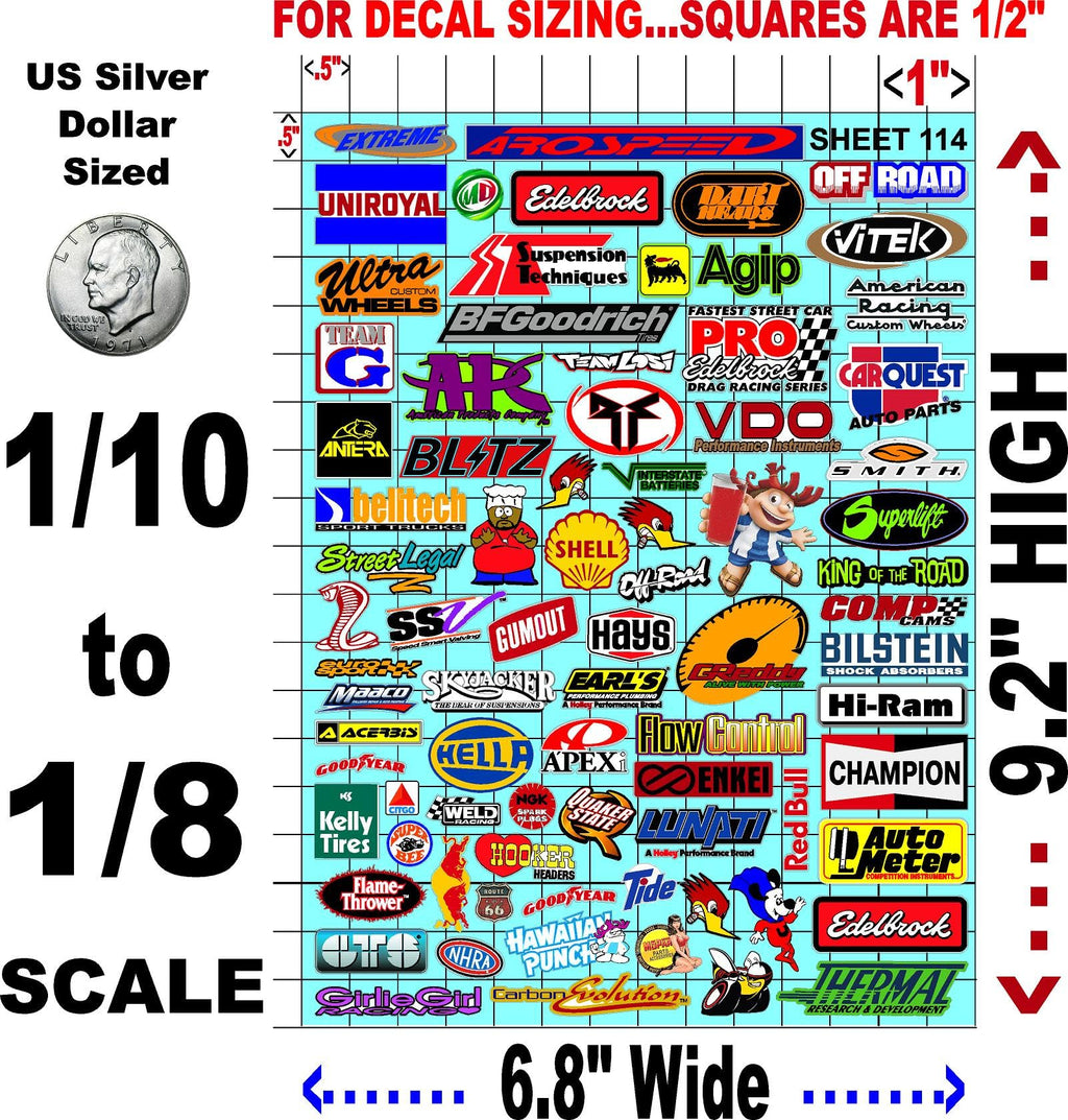 Clear Vinyl Sticker Sheet 114 Variety-1/10th 1/8th Scale Large 6.8" x 9.2"h for Cars, Trucks, Boats Anywhere You can Imagine - Easy to Apply - R/C Model Decal Radio Control Lexan Body