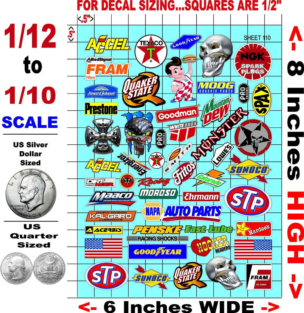 Clear Vinyl Sticker Variety Sheet 110 Variety - 1/12 to 1/10th Scale R/C Model Decal Sticker Sheet Radio Control Lexan Body