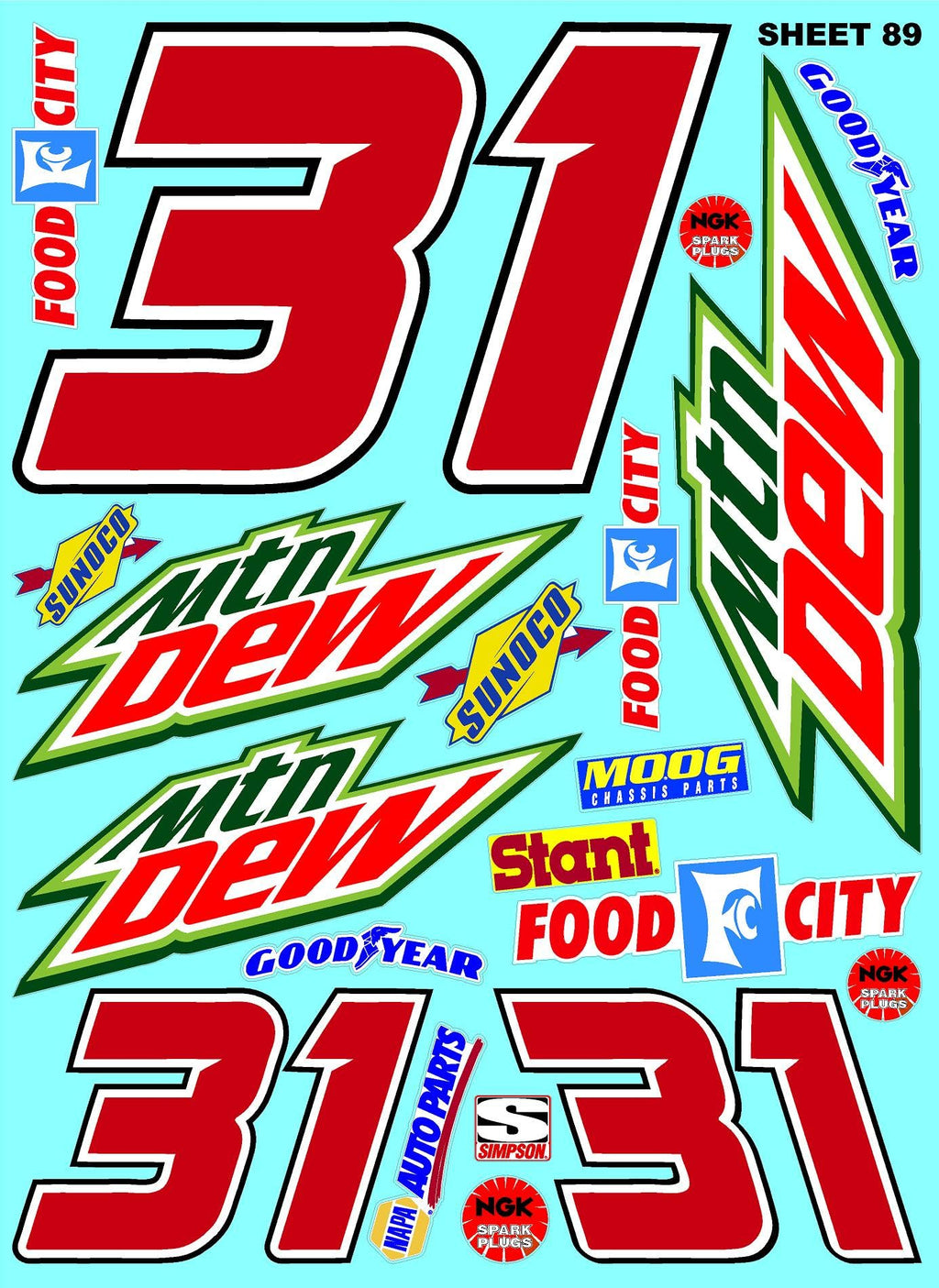 White Vinyl Sheet 89 R/C Racing Sponsor Sticker Gang Sheet Wrench -1/4-1/5 � 1/6th Scale Model Decal Sticker Sheet Radio Control Lexan Body � Die-Cut to Shape - Peel & Stick � Water Slide - Car