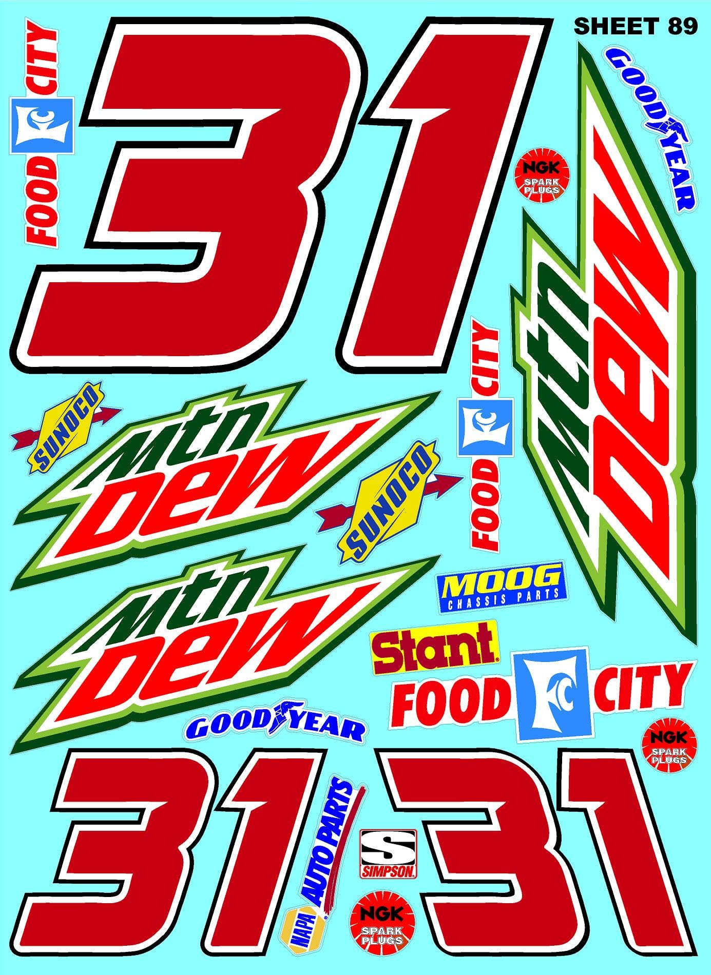 White Vinyl Sticker Variety Sheet 89-1/10th - 1/8th Scale Large 6.8" x 9.2"h Vinyl R/C Model Decal Sticker Sheet Radio Control Lexan Body