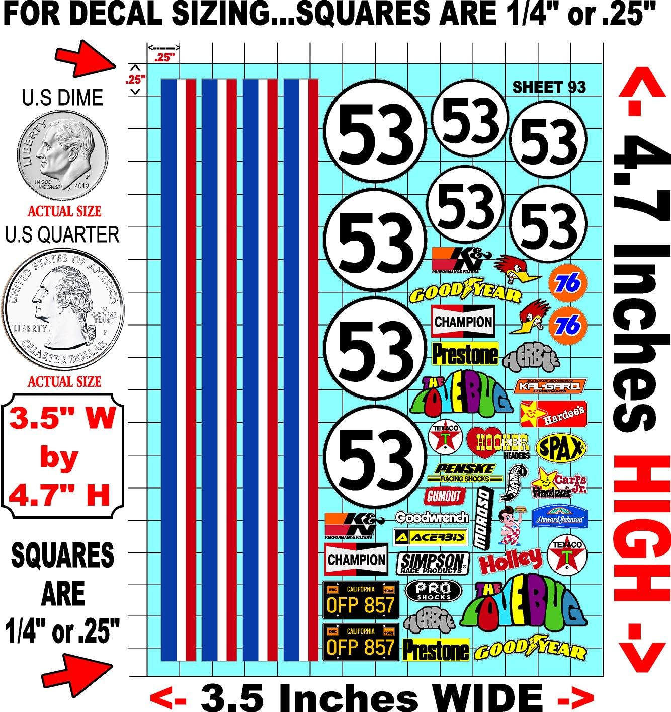 Clear Vinyl Herbie 93 Love Bug R/C Racing Sponsor Sticker Gang Sheet Good -1/24 – 1/16th Scale Model Decal Sticker Sheet Radio Control Lexan Body – Die-Cut to Shape - Peel & Stick – Water Slide