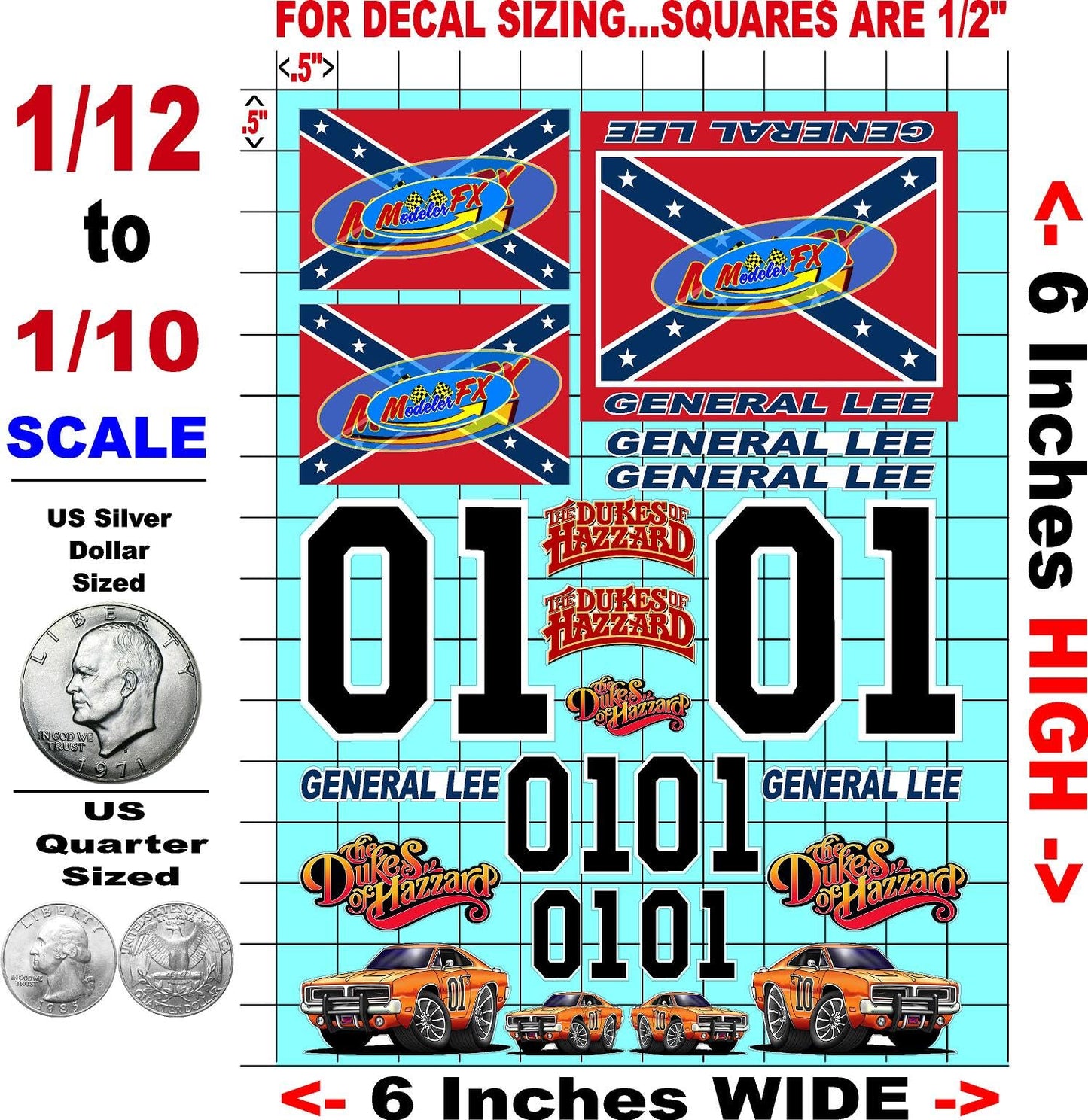 Clear Matte Vinyl Dukes Sheet of Hazzard - 1/12 to 1/10th Scale R/C Model Decal Sticker Sheet Radio Control Lexan Body