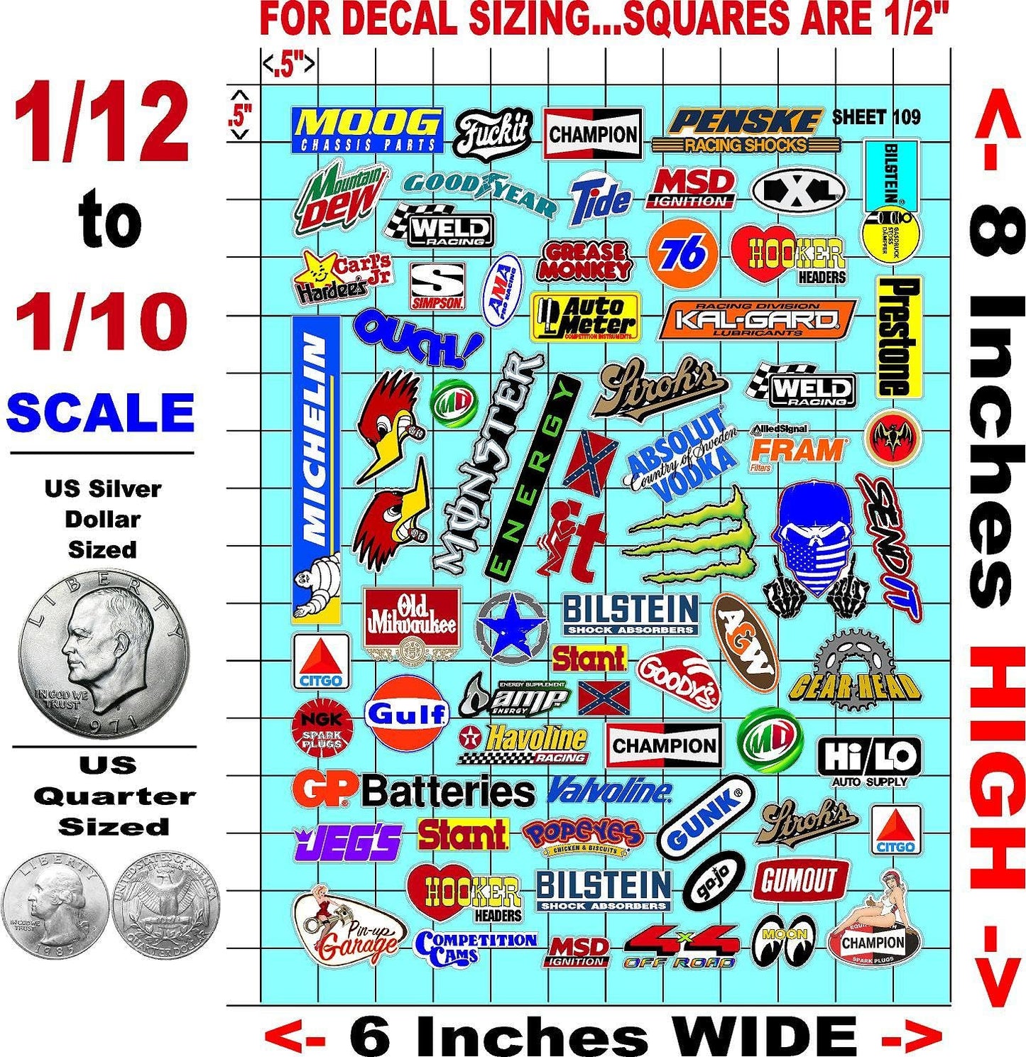White Vinyl Sticker Sheet 109 Variety - 1/12 to 1/10th Scale R/C Model Decal Sticker Sheet Radio Control Lexan Body