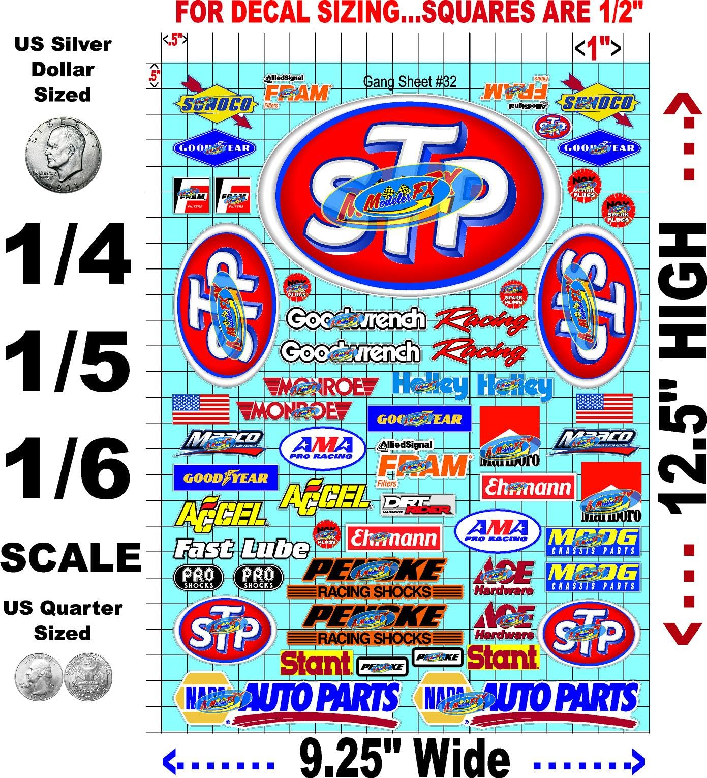 White Vinyl R/C Racing Sponsor Sticker Gang Sheet 32-1/4-1/5 � 1/6th Scale Model Decal Sticker Sheet Radio Control Lexan Body � Die-Cut to Shape - Peel & Stick � Water Slide STP Antique
