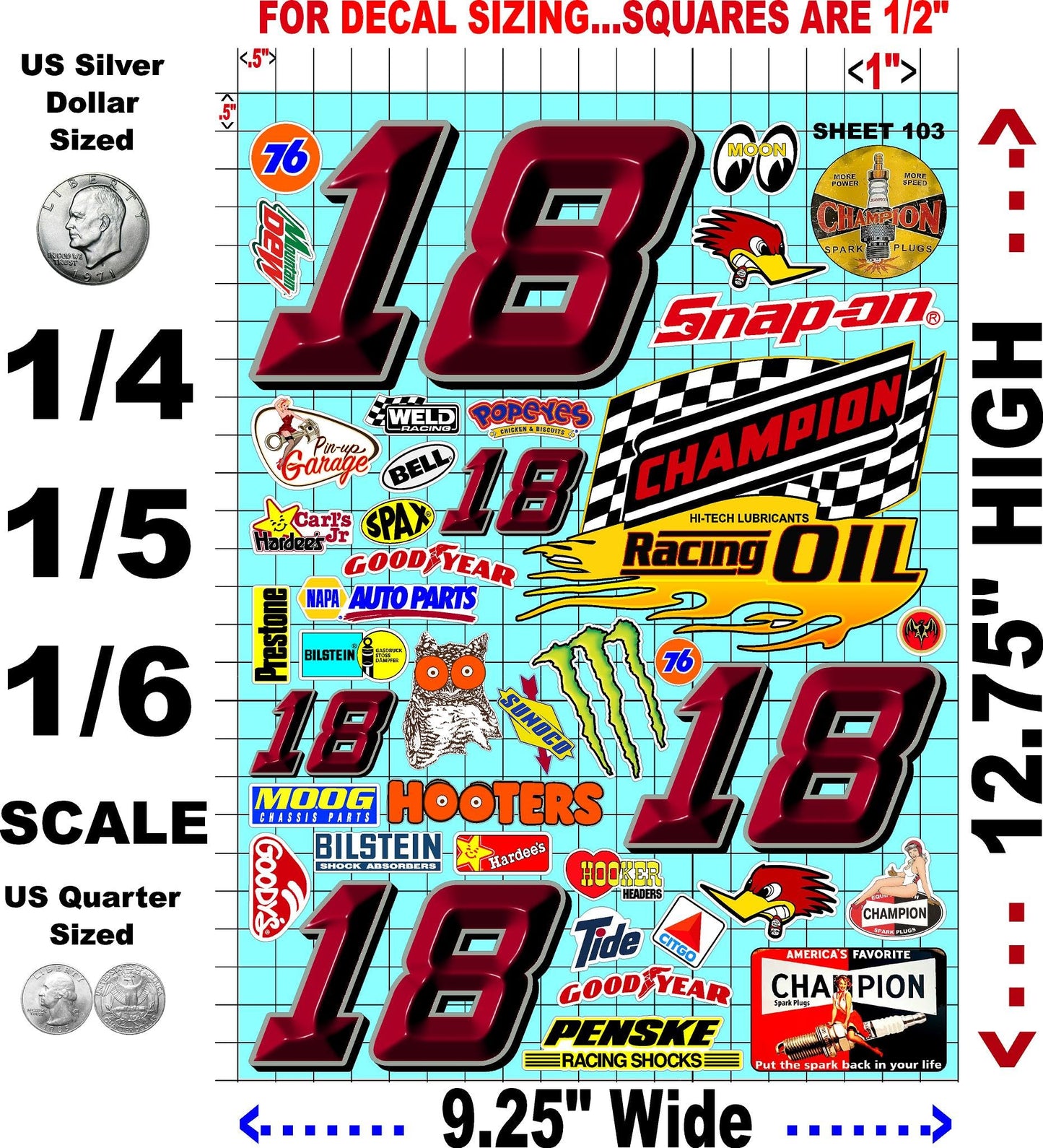 Generic Clear Vinyl R/C Sheet 103 Racing Sponsor Sticker Gang Sheet Orange Pen -1/4-1/5 � 1/6th Scale Model Decal Sticker Sheet Radio Control Lexan Body �Die-Cut to Shape - Peel & Stick -Cars