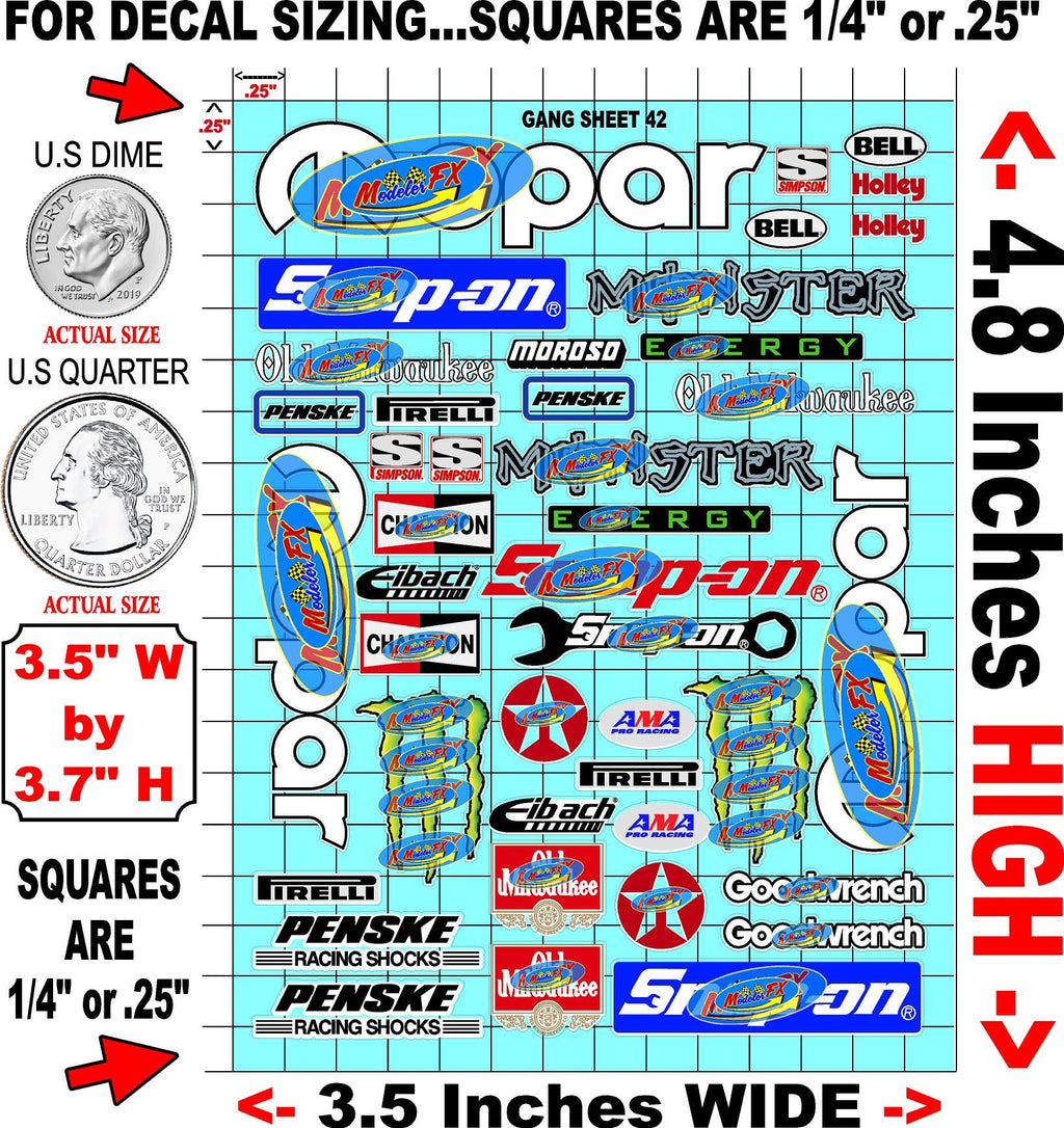 Clear Vinyl R/C Racing Sponsor Sticker Gang Sheet 42 1/24 � 1/16th Scale Model Decal Sticker Sheet Radio Control Lexan Body � Die-Cut to Shape - Peel & Stick � Water Slide