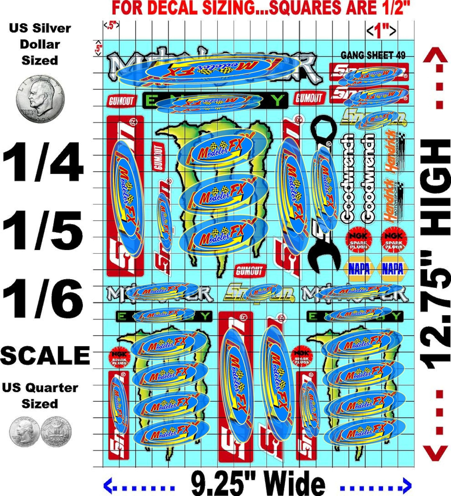 White Vinyl R/C Racing Sponsor Sticker Gang Sheet 49-1/4-1/5 � 1/6th Scale Model Decal Sticker Sheet Radio Control Lexan Body � Die-Cut to Shape - Peel & Stick � Water Slide - Vintage