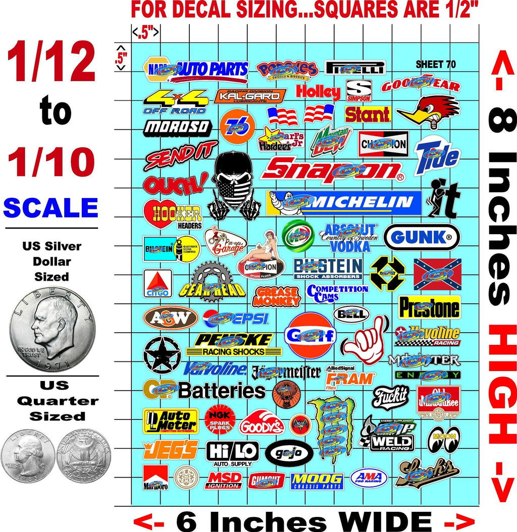 Sticker Variety Sheet 70 - White Vinyl 1/12 to 1/10th Scale White Vinyl R/C Model Decal Sticker Sheet Radio Control Lexan Body