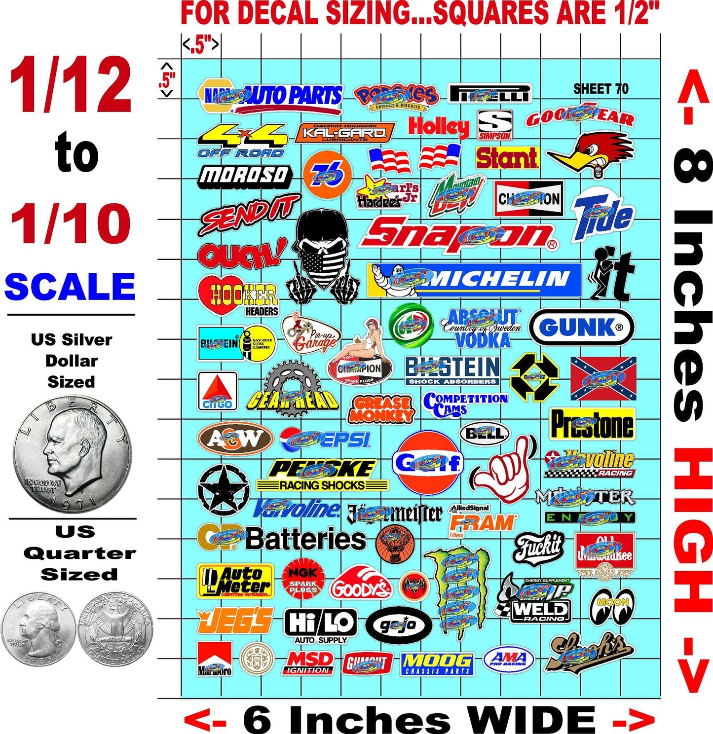 Sticker Variety Sheet 70 - White Vinyl 1/12 to 1/10th Scale White Vinyl R/C Model Decal Sticker Sheet Radio Control Lexan Body