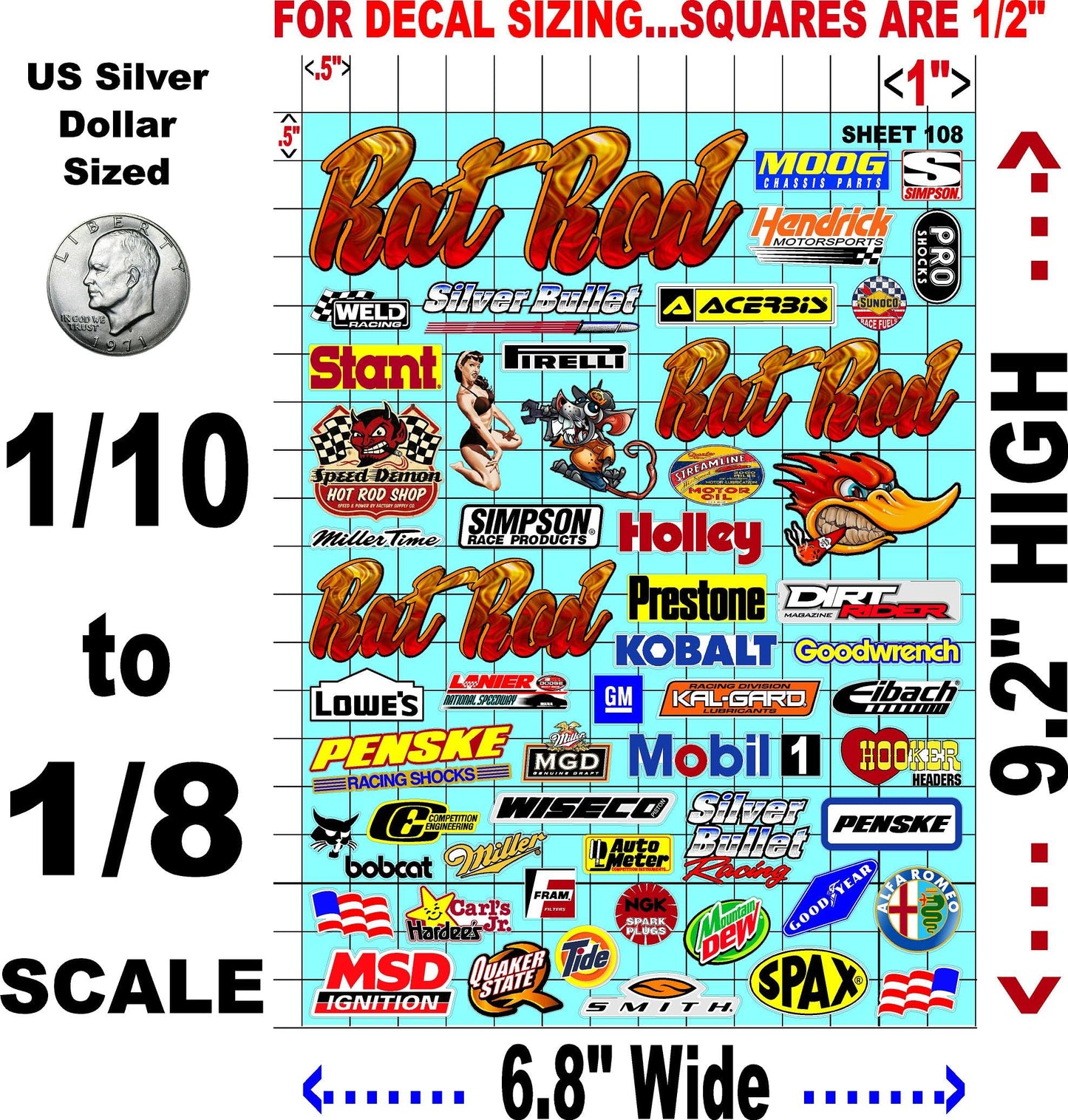 White Vinyl Sticker Sheet 108 Variety-1/10th - 1/8th Scale Large 6.8" x 9.2"h Vinyl R/C Model Decal Sticker Sheet Radio Control Lexan Body