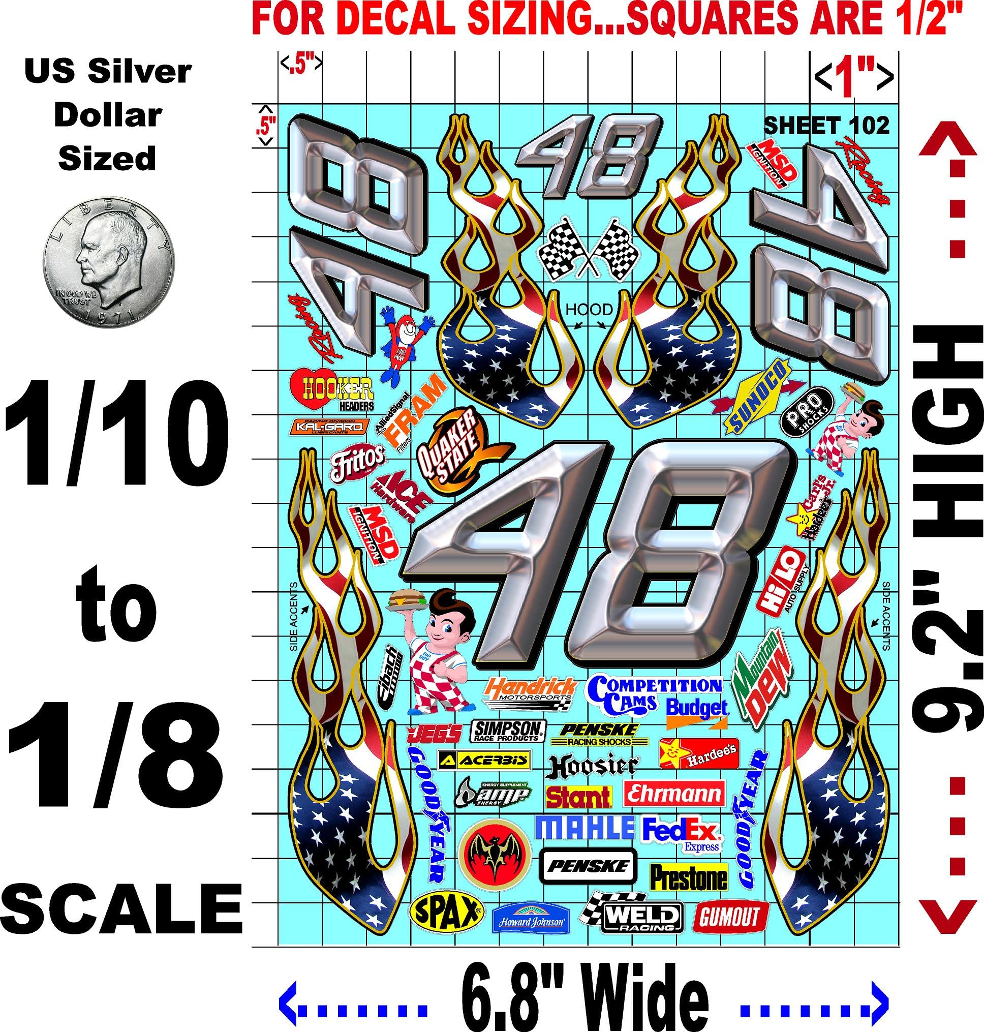 Clear Vinyl Sticker Variety Sheet 102-1/10th - 1/8th Scale Large 6.8" x 9.2"h Vinyl R/C Model Decal Sticker Sheet Radio Control Lexan Body