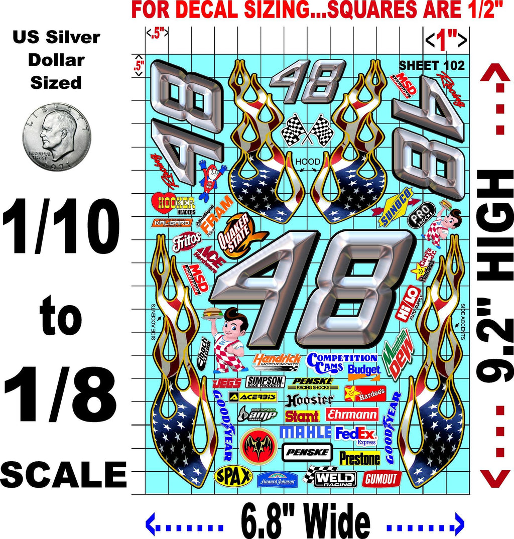 Generic White Vinyl Sticker Variety Sheet 102-1/10th - 1/8th Scale Large 6.8"" x 9.2""h Vinyl R/C Model Decal Sticker Sheet Radio Control Lexan Body