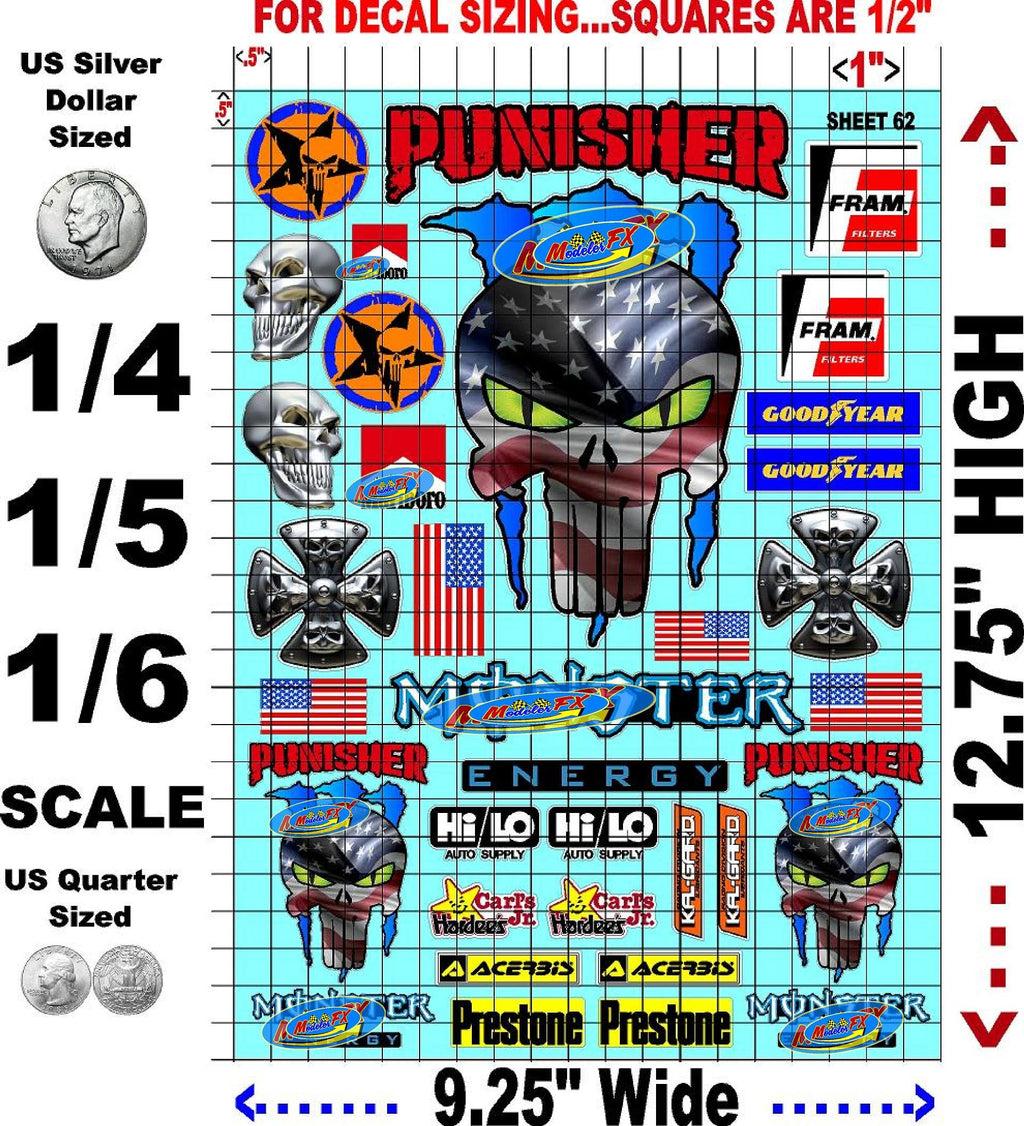 White Vinyl R/C Racing Sponsor Sticker Gang Sheet 62-1/4-1/5 � 1/6th Scale Model Decal Sticker Sheet Radio Control Lexan Body � Die-Cut to Shape - Peel & Stick � Water Slide - Punish - Gift