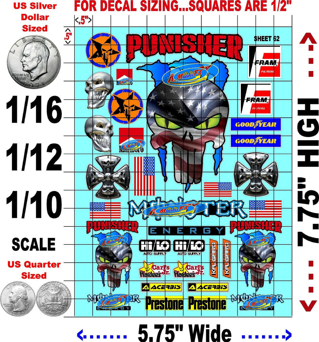 Clear Vinyl Sticker Variety Sheet 62-1/12 to 1/10th Scale R/C Model Decal Sticker Sheet Radio Control Lexan Body