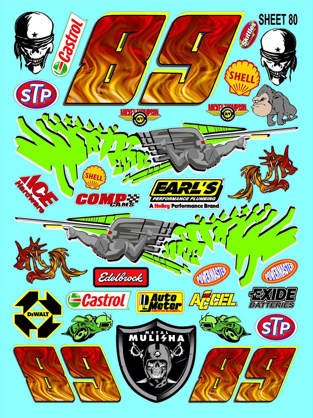 White Vinyl Sticker Variety Sheet 80-1/10th - 1/8th Scale Large 6.8" x 9.2"h Vinyl R/C Model Decal Sticker Sheet Radio Control Lexan Body