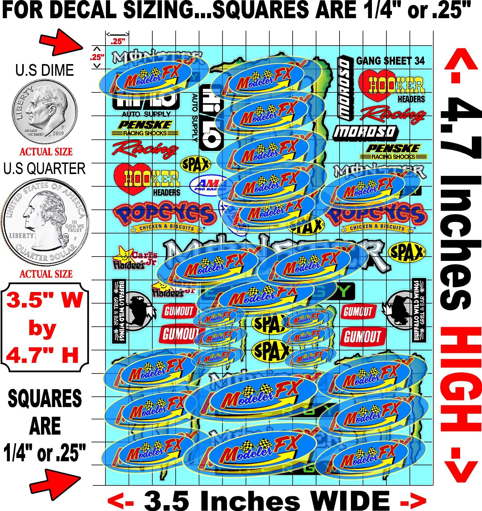 Clear Vinyl R/C Racing Sponsor Sticker Gang Sheet 34-1/24 � 1/16th Scale Model Decal Sticker Sheet Radio Control Lexan Body � Die-Cut to Shape - Peel & Stick � Water Slide