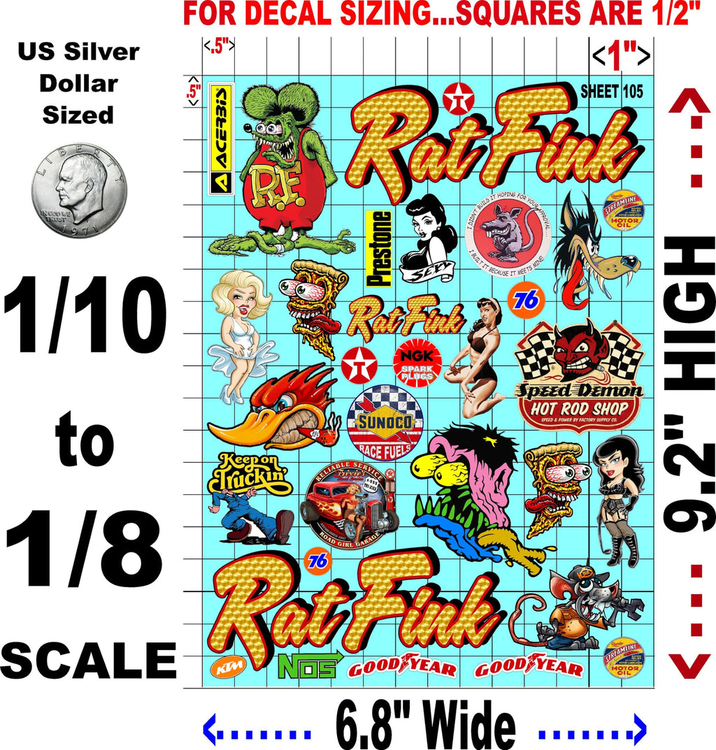 Generic White Vinyl Sticker Variety Sheet 105 Rat Fink ROD-1/10th - 1/8th Scale Large 6.8"" x 9.2""h Vinyl R/C Model Decal Sticker Sheet Radio Control Lexan Body