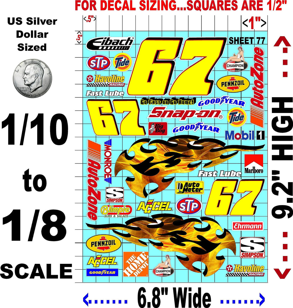White Vinyl Sticker Variety Sheet 77-1/10th - 1/8th Scale Large 6.8" x 9.2"h Vinyl R/C Model Decal Sticker Sheet Radio Control Lexan Body