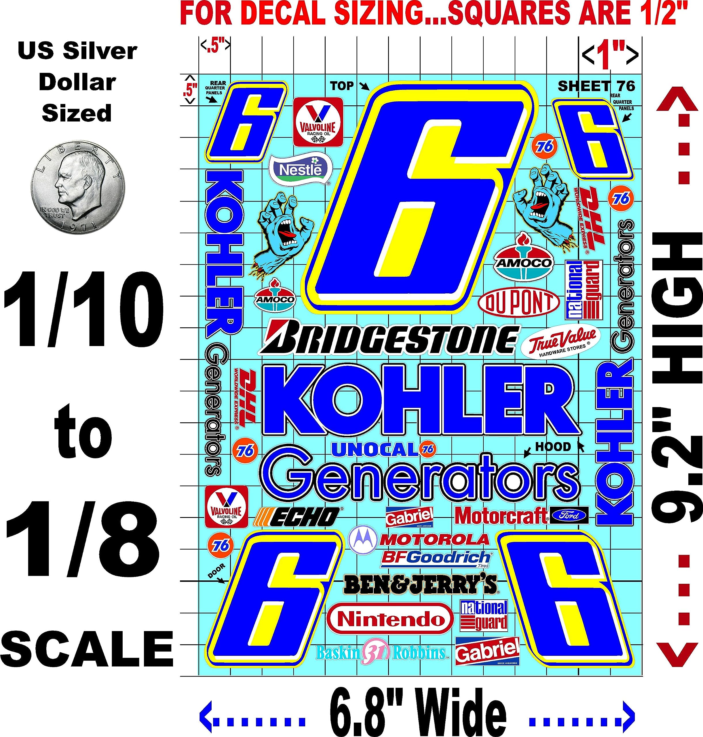 White Vinyl Sticker Variety Sheet 76-1/10th - 1/8th Scale Large 6.8" x 9.2"h Vinyl R/C Model Decal Sticker Sheet Radio Control Lexan Body