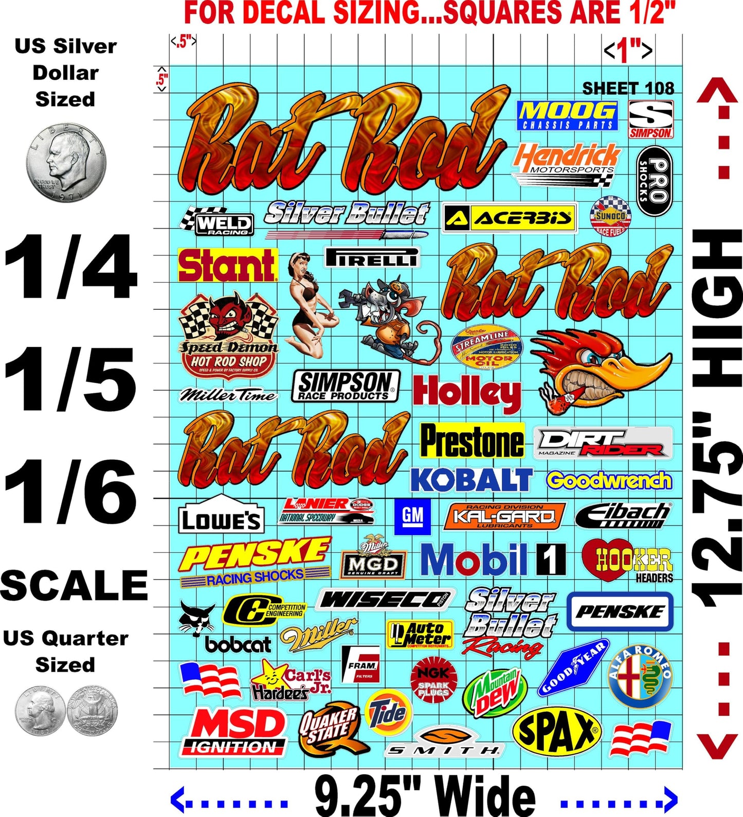 Clear Sheet Clear 108 Rat Rod Vinyl R/C Racing Sponsor Sticker Gang Sheet-1/4-1/5-1/6th Scale Decal Sticker Radio Control Lexan Body�Die-Cut to Shape-Peel & Stick�Water Slide