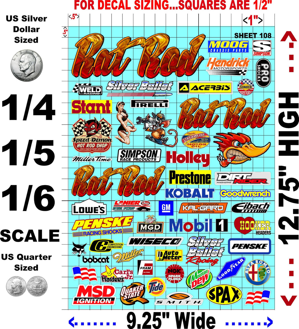 White Vinyl Sheet 108 Rat Rod R/C Racing Sponsor Sticker Gang Sheet Wrench-1/4-1/5�1/6th Scale Model Decal Sticker Sheet Radio Control Lexan Body-Die-Cut to Shape-Peel & Stick�Water Slide-Car