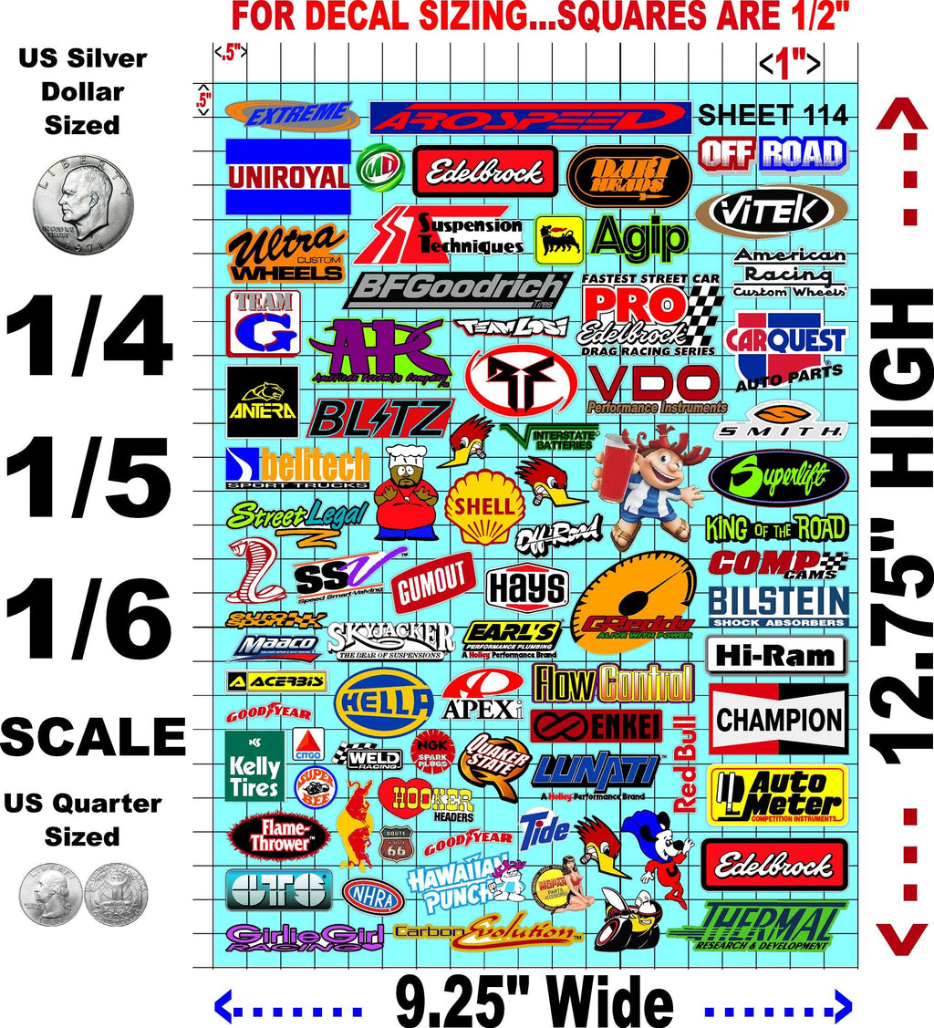White Vinyl Sheet 114 Variety R/C Racing Sponsor Sticker Gang Sheet Wrench-1/4-1/5�1/6th Scale Model Decal Sticker Sheet Radio Control Lexan Body-Die-Cut to Shape-Peel & Stick�Water Slide-Car