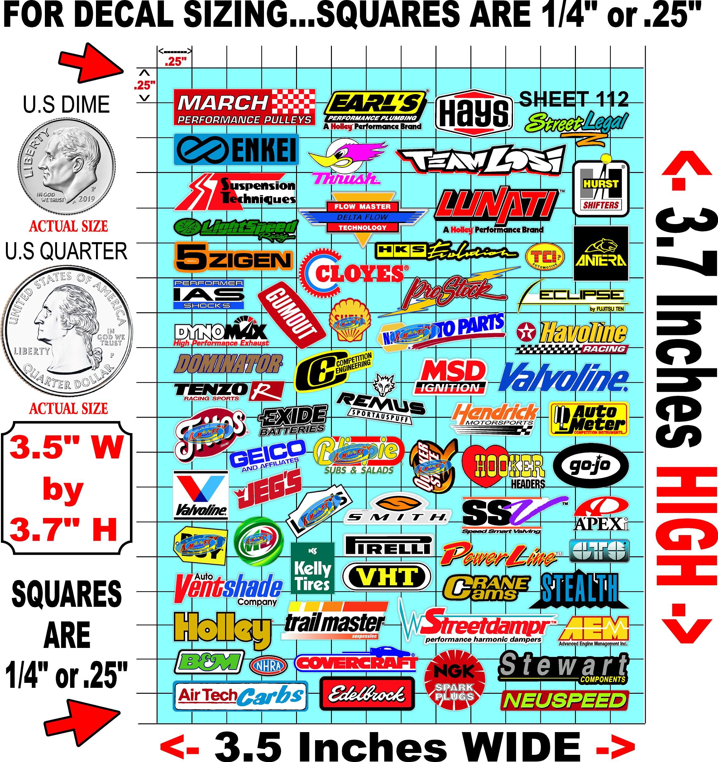 Clear Matte Vinyl Sheet 112 Variety R/C Racing Sponsor Sticker Gang Sheet -1/24 � 1/16th Scale Model Decal Sticker Sheet Radio Control Lexan Body � Die-Cut to Shape - Peel & Stick � Water Slide