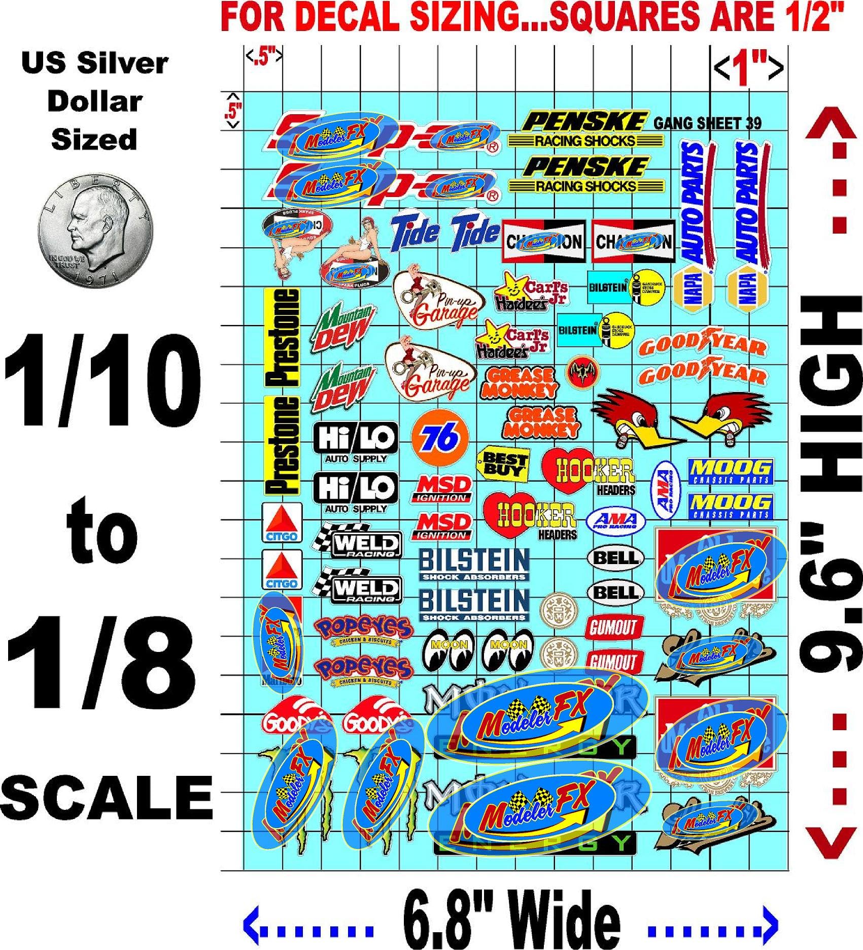 White Vinyl R/C Racing Sponsor Sticker Gang Sheet 39-1/8th � 1/10th Scale Model Decal Sticker Sheet R/C Lexan Body - Decorate Your R/c Cars, Boats, Truck Model � Die-Cut to Shape - Peel & Stick