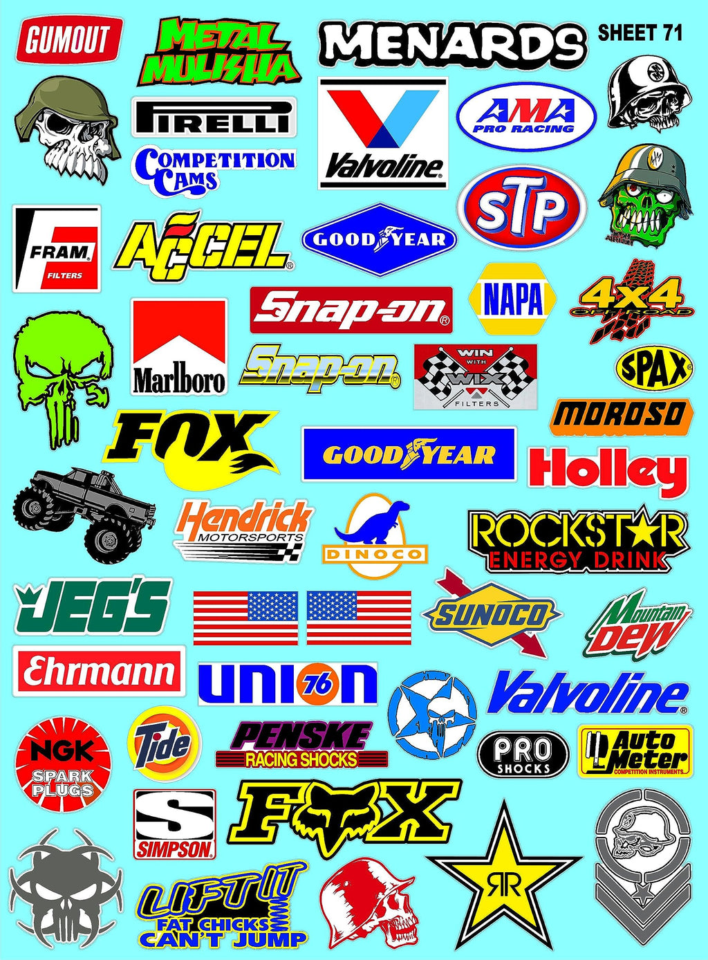 Clear Vinyl Sticker Variety Sheet 71-1/10th - 1/8th Scale Large 6.8" x 9.2"h Vinyl R/C Model Decal Sticker Sheet Radio Control Lexan Body