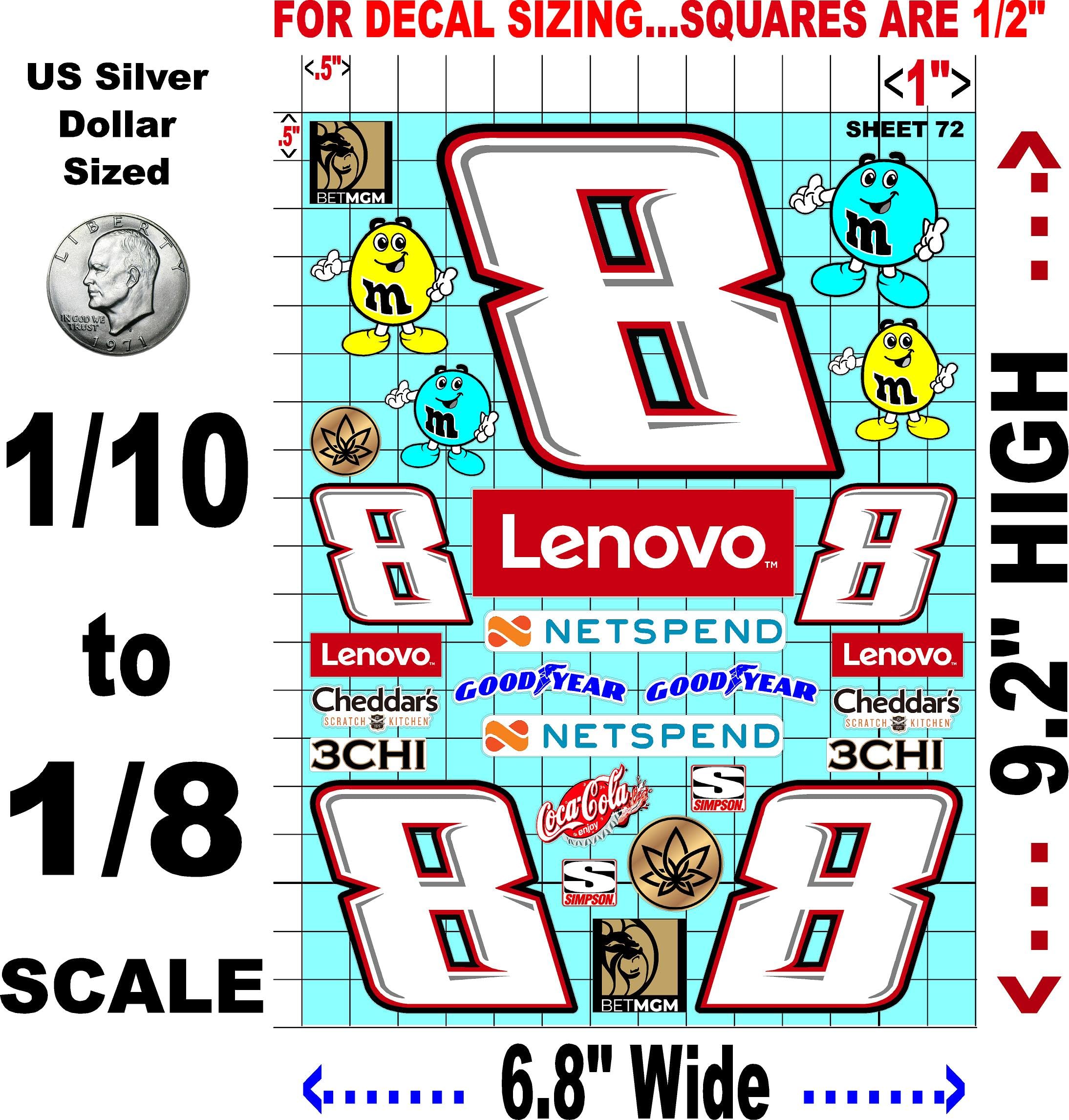 Clear Vinyl Sticker Variety Sheet 72-1/10th - 1/8th Scale Large 6.8" x 9.2"h Vinyl R/C Model Decal Sticker Sheet Radio Control Lexan Body