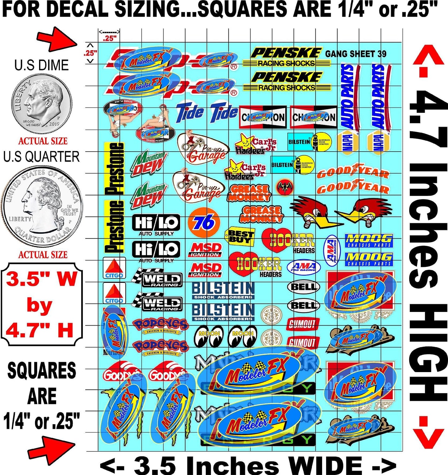 Clear Vinyl R/C Racing Sponsor Sticker Gang Sheet 39 1/24 – 1/16th Scale Model Decal Sticker Sheet Radio Control Lexan Body – Die-Cut to Shape - Peel & Stick – Water Slide