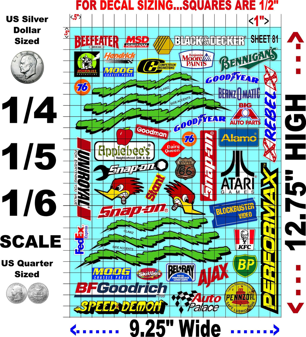 White Vinyl Sheet 81 R/C Racing Sponsor Sticker Gang Sheet Wrench -1/4-1/5 � 1/6th Scale Model Decal Sticker Sheet Radio Control Lexan Body � Die-Cut to Shape - Peel & Stick � Water Slide - Car