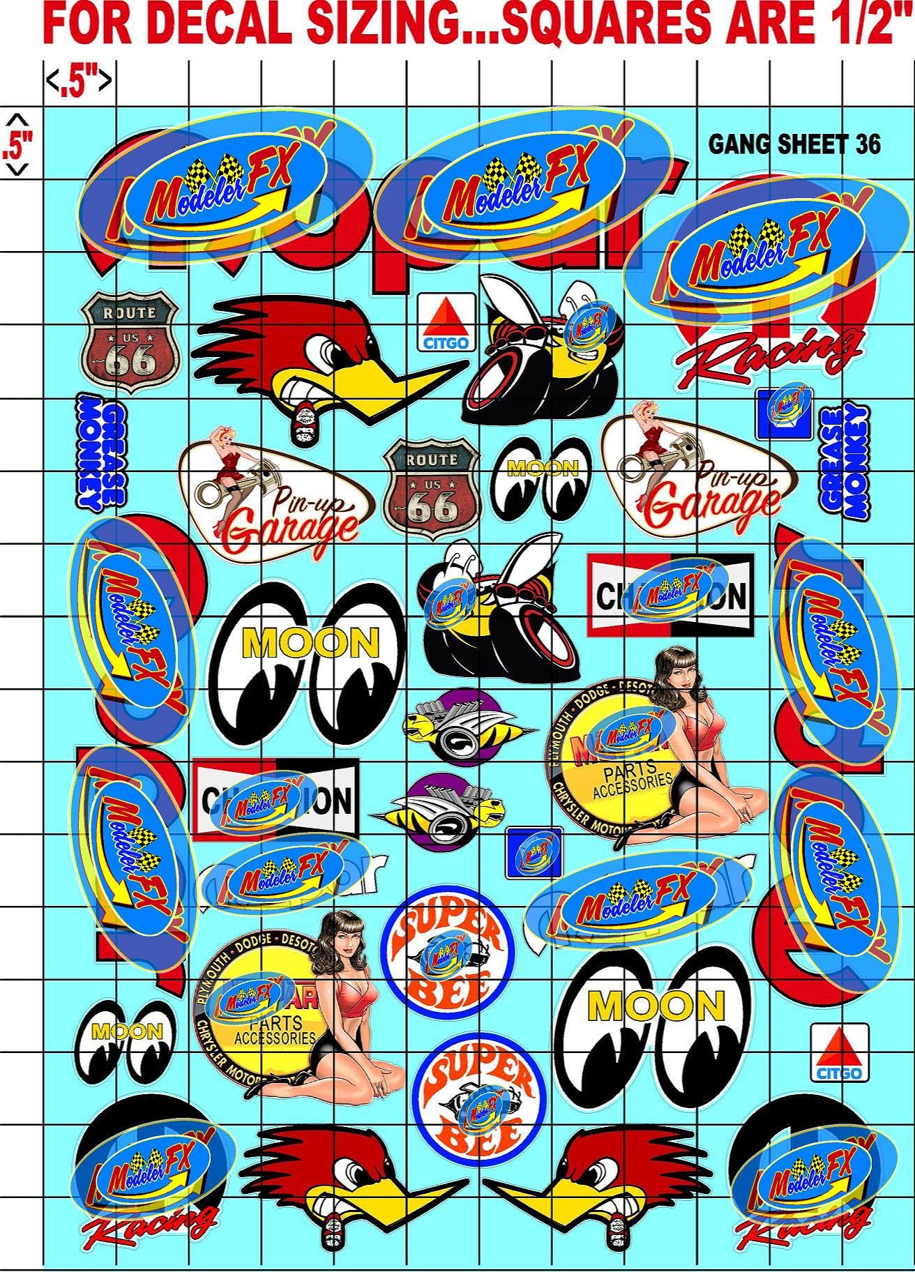 Route 66 - Super Bee - Sticker Gang Sheet 36 -White Vinyl 1/12 to 1/10 Scale White Vinyl R/C Model Decal Sticker Sheet Radio Control Lexan Body