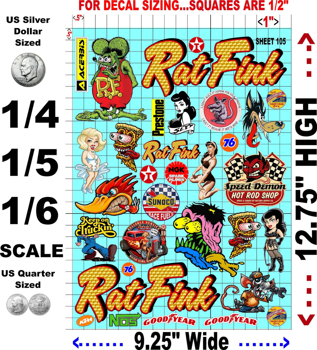 Generic Clear Sheet 105 Rat Fink Rod Vinyl R/C Racing Sponsor Sticker Gang Sheet-1/4-1/5-1/6th Scale Decal Sticker Radio Control Lexan Body�Die-Cut to Shape-Peel & Stick�Water Slide