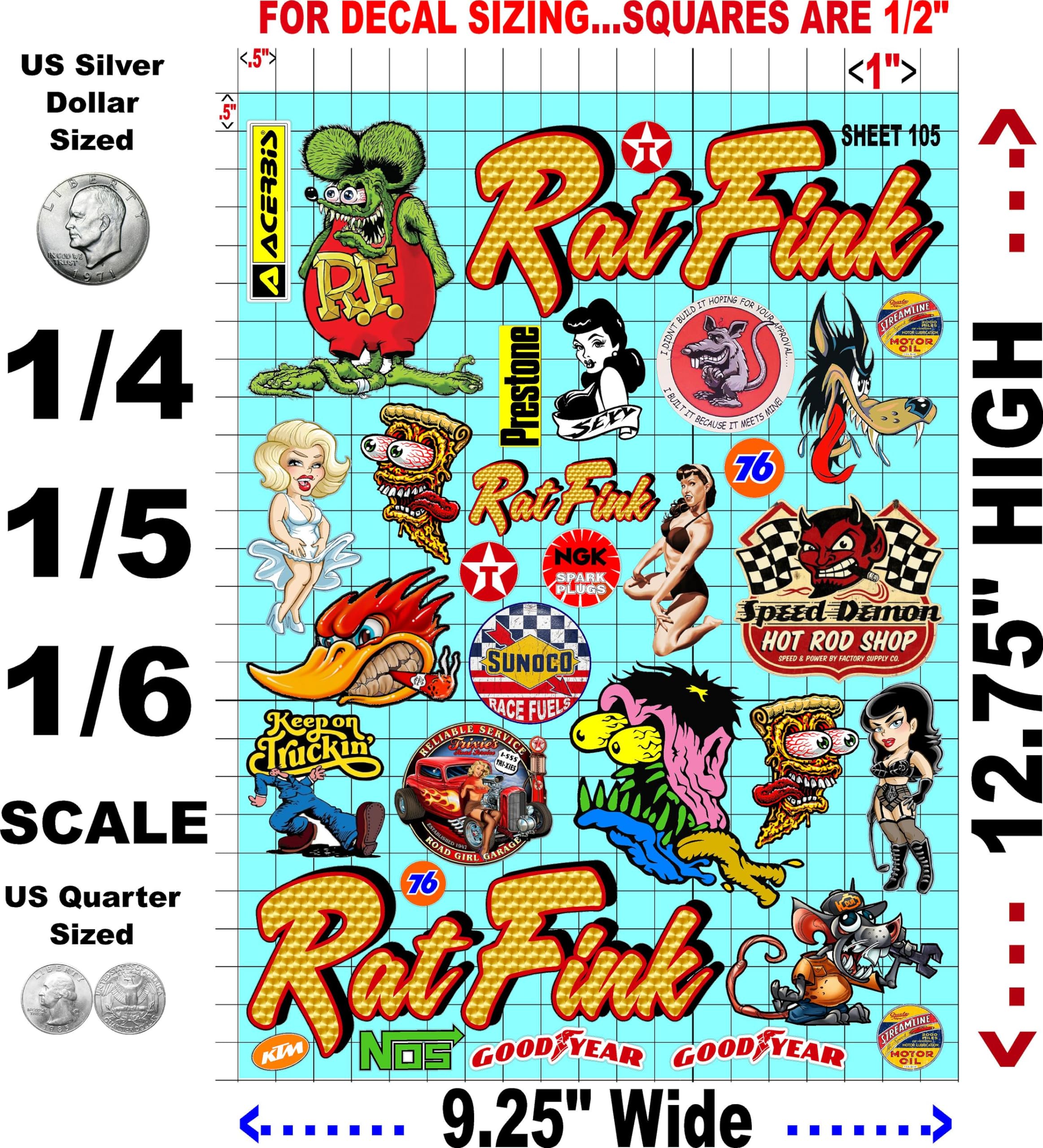 White Vinyl Sheet 105 Rat Fink Rod R/C Racing Sponsor Sticker Gang Sheet Wrench-1/4-1/5�1/6th Scale Model Decal Sticker Sheet Radio Control Lexan Body-Die-Cut to Shape-Peel & Stick�Water Slide-Car