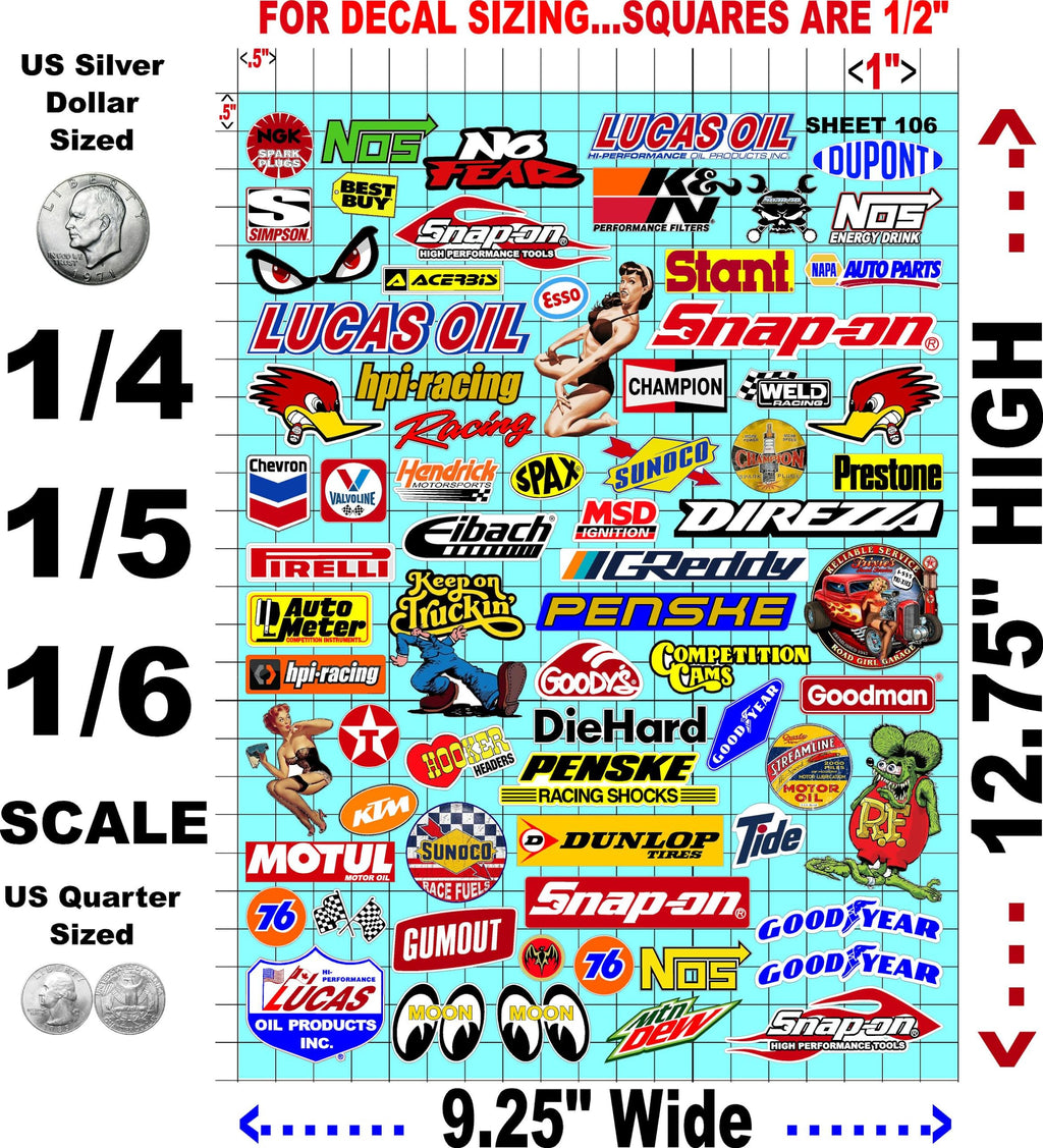 Generic White Vinyl Sheet 106 Variety R/C Racing Sponsor Sticker Gang Sheet Wrench-1/4-1/5�1/6th Scale Model Decal Sticker Sheet Radio Control Lexan Body-Die-Cut to Shape-Peel & Stick�Water Slide-Car