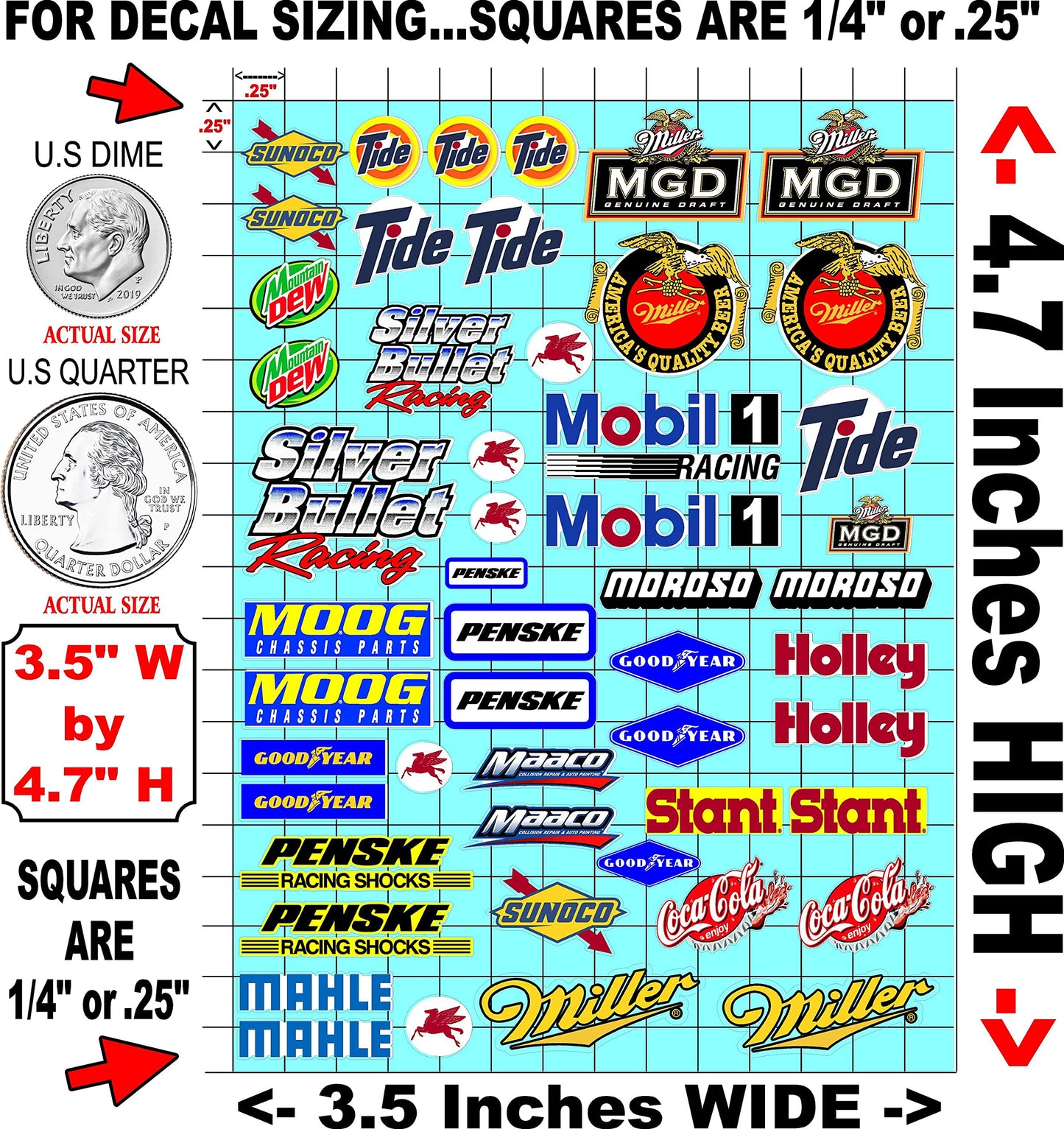 Clear Vinyl R/C Racing Sponsor Sticker Gang Sheet 3 mgd-1/24 � 1/16th Scale Model Decal Sticker Sheet Radio Control Lexan Body � Die-Cut to Shape - Peel & Stick � Water Slide