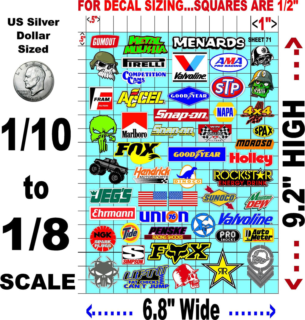 Clear Vinyl Sticker Variety Sheet 71-1/10th - 1/8th Scale Large 6.8" x 9.2"h Vinyl R/C Model Decal Sticker Sheet Radio Control Lexan Body