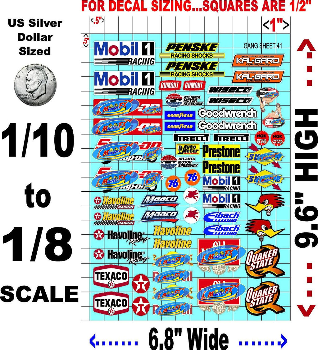White Vinyl R/C Racing Sponsor Sticker Gang Sheet 41-1/8th � 1/10th Scale Model Decal Sticker Sheet R/C Lexan Body - Decorate Your R/c Cars, Boats, Truck Model � Die-Cut to Shape - Peel & Stick