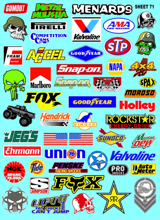 Clear Sheet 71 Vinyl R/C Racing Sponsor Sticker Gang Sheet Wrench -1/4-1/5 � 1/6th Scale Model Decal Sticker Sheet Radio Control Lexan Body � Die-Cut to Shape - Peel & Stick � Water Slide - Car