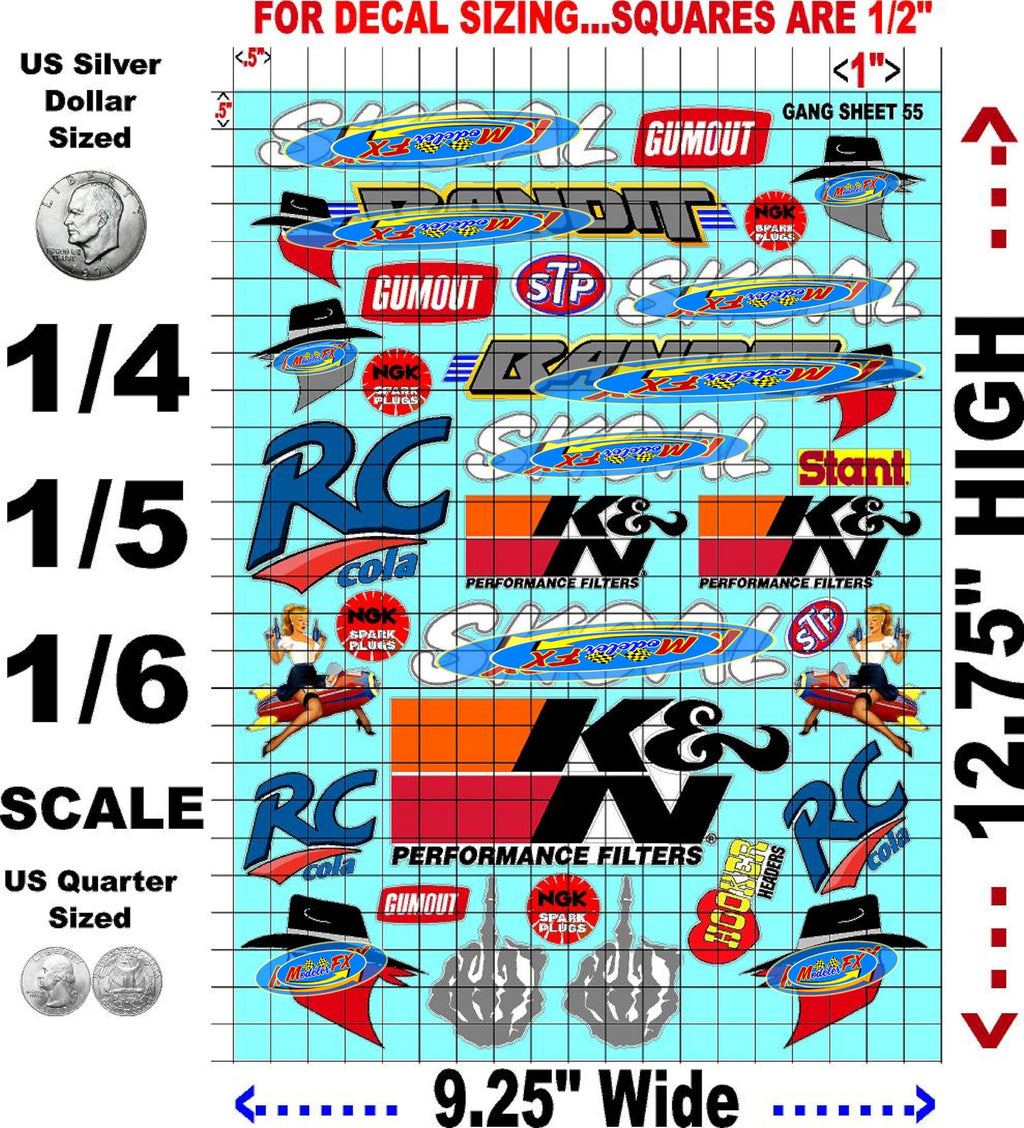Clear Vinyl R/C Racing Sponsor Sticker Gang Sheet 55-1/4-1/5 � 1/6th Scale Model Decal Sticker Sheet Radio Control Lexan Body � Die-Cut to Shape - Peel & Stick � Water Slide - Bandit -