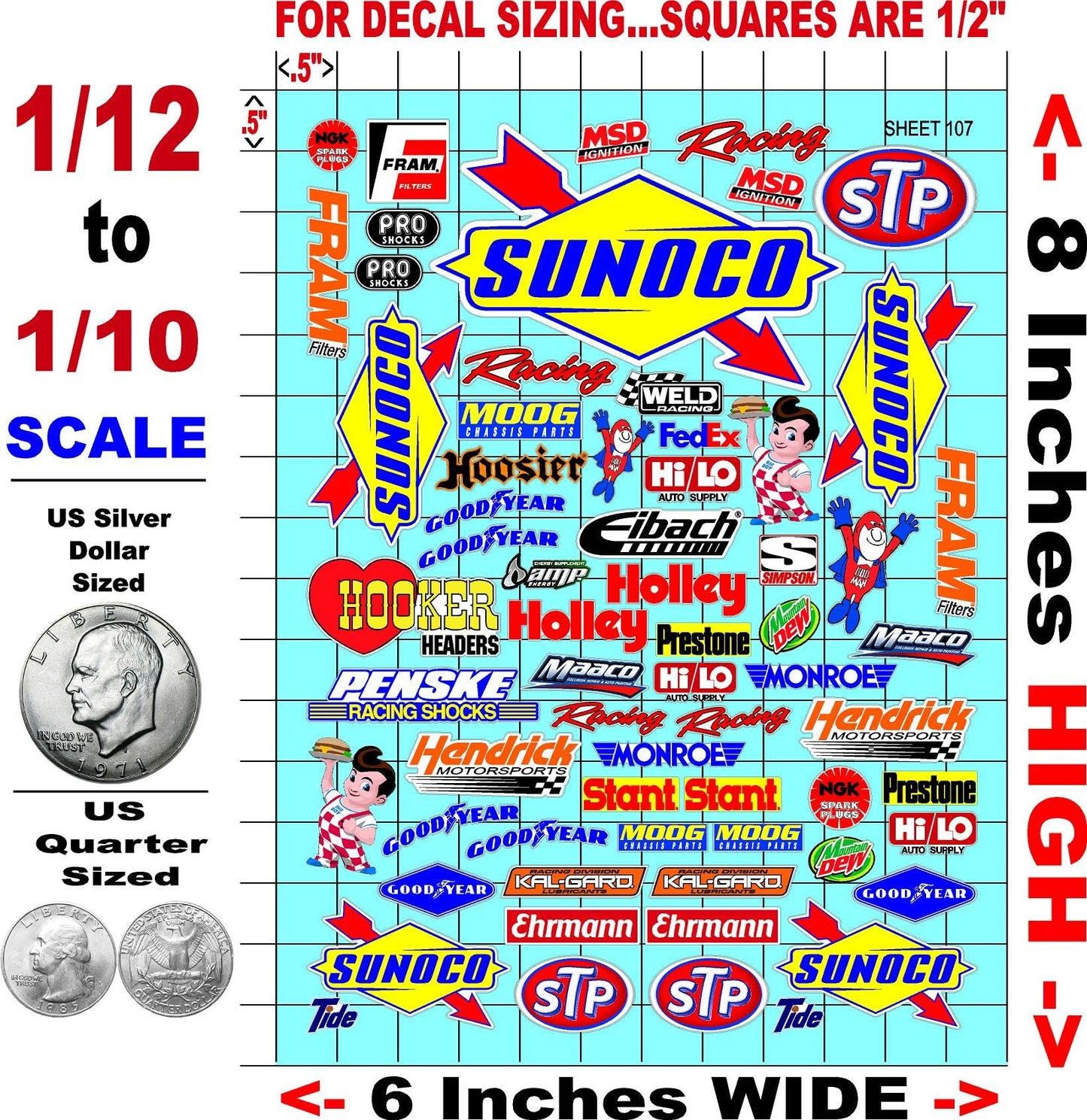 White Vinyl Sticker Sheet 107 Variety - 1/12 to 1/10th Scale R/C Model Decal Sticker Sheet Radio Control Lexan Body
