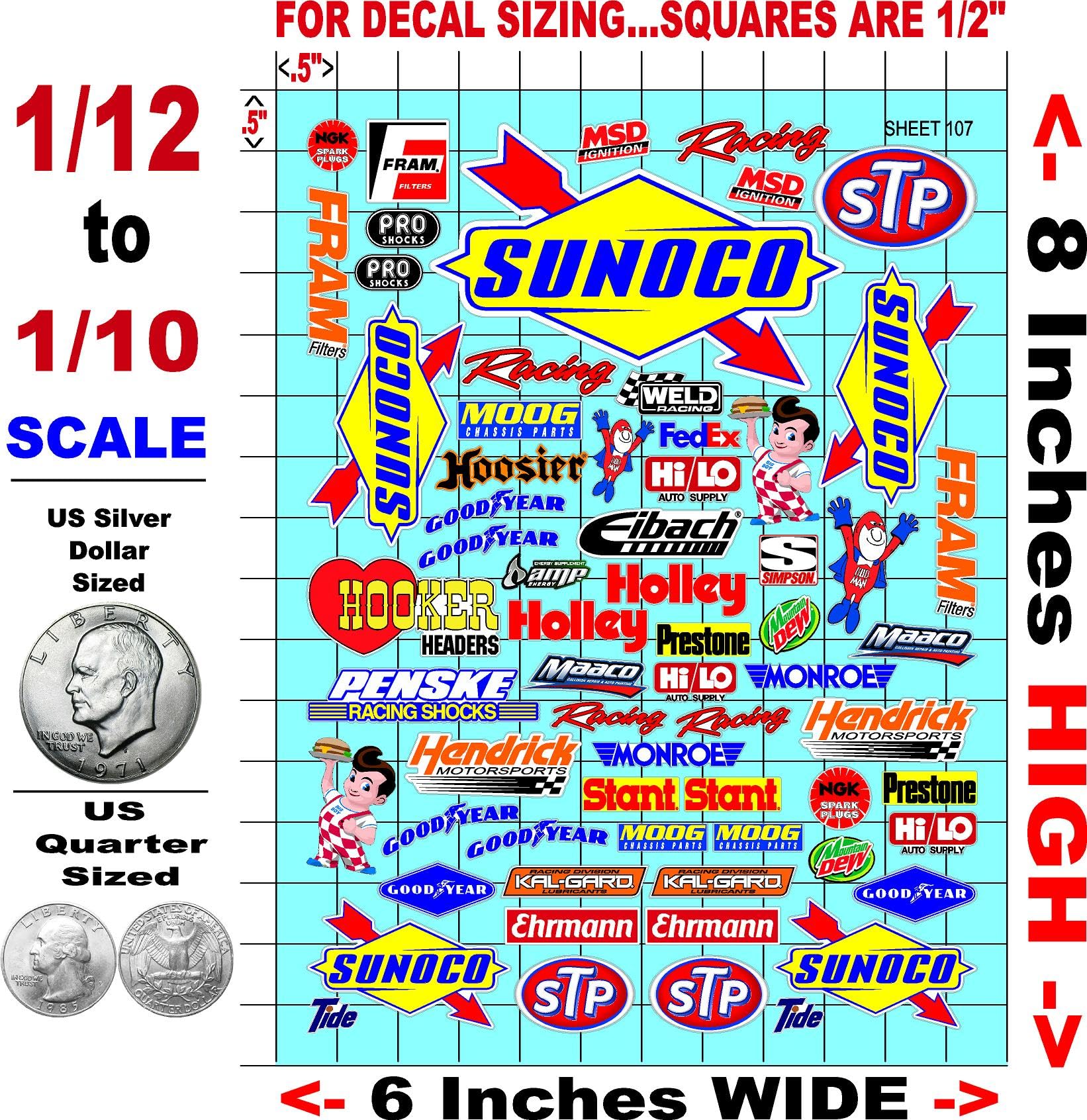 White Vinyl Sticker Sheet 107 Variety - 1/12 to 1/10th Scale R/C Model Decal Sticker Sheet Radio Control Lexan Body