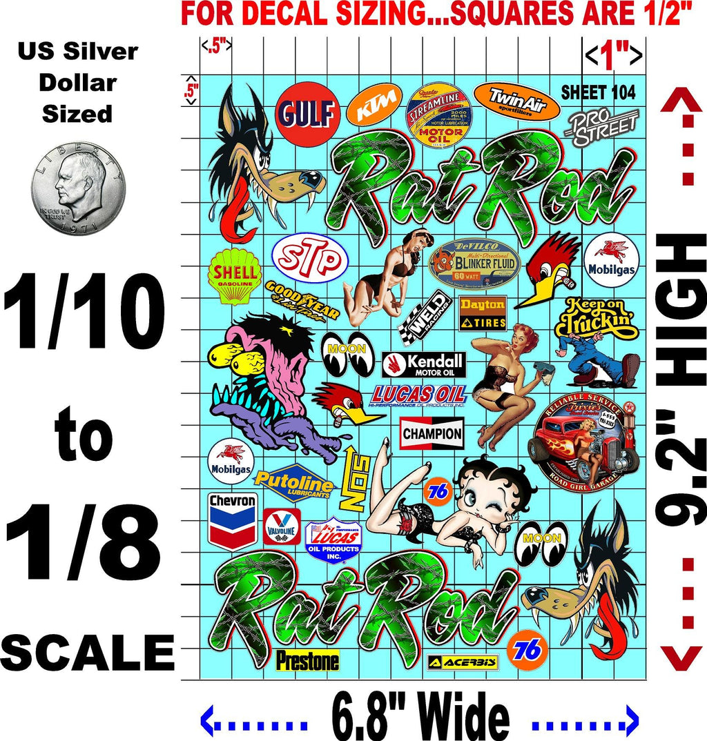 Generic White Vinyl Sticker Variety Sheet 104 Rat Rod -1/10th - 1/8th Scale Large 6.8"" x 9.2""h Vinyl R/C Model Decal Sticker Sheet Radio Control Lexan Body